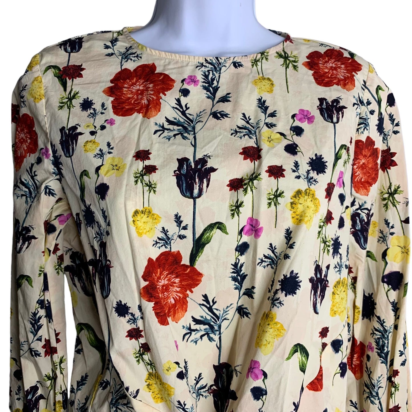 H&M Floral Bell Sleeve Crop Top 4 Beige Tie Front Key Hole Button Round Neck