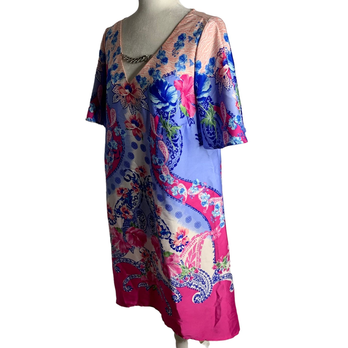 JM Collection Floral Swing Dress M Pink Blue Short Sleeve V Neck Knee Length