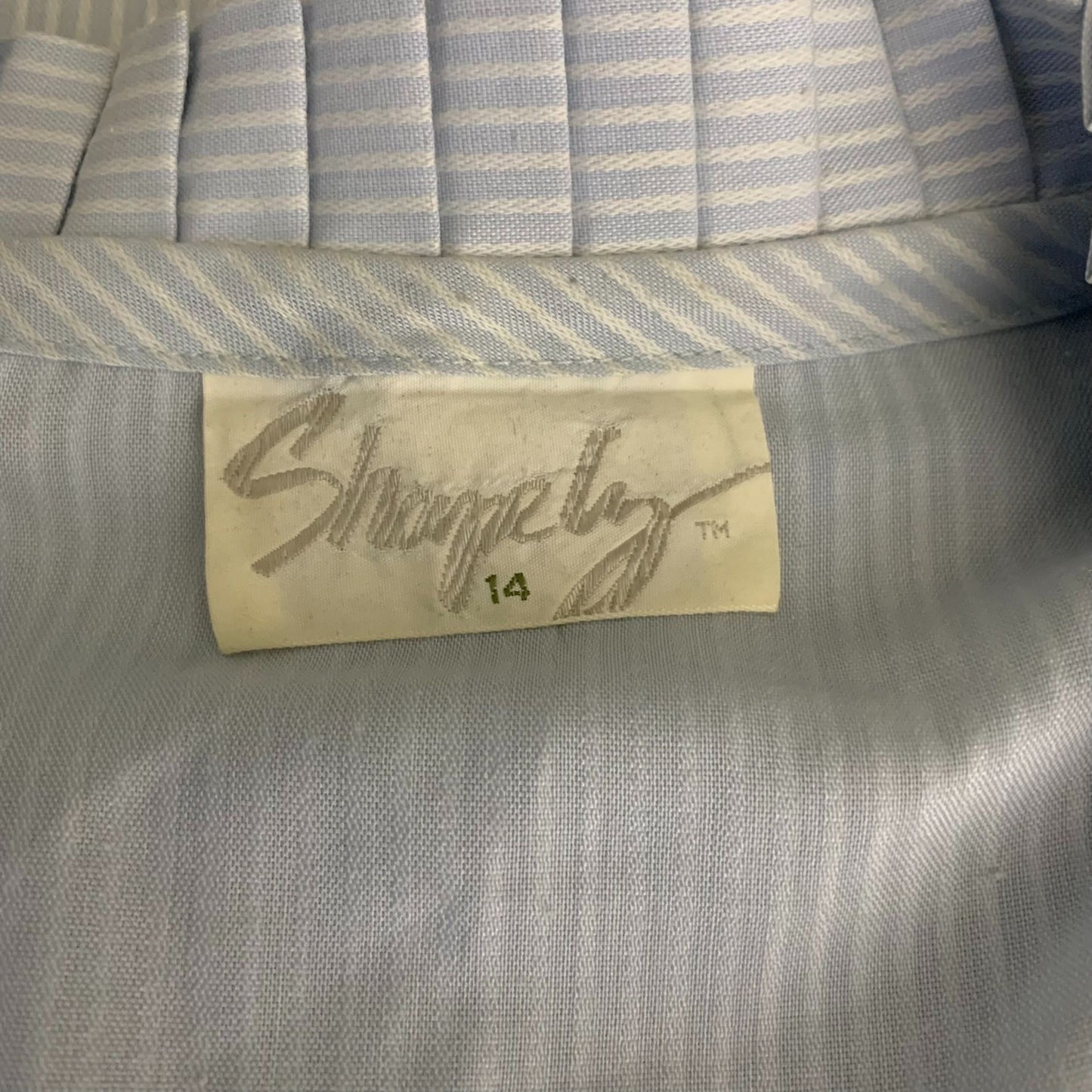 Vintage Pleated Collar Button Down Shirt M Blue Striped Pearl Buttons Long Sleeve