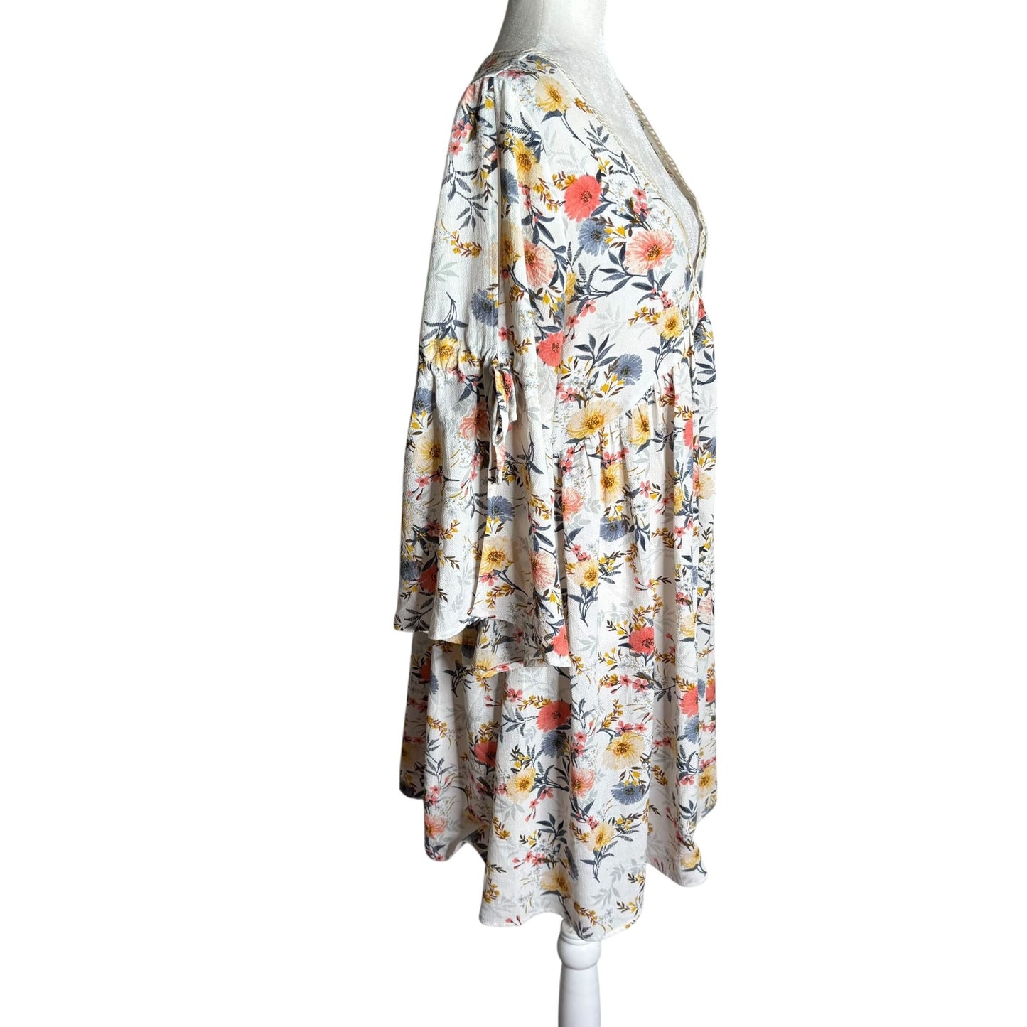 Umgee Floral Boho Long Sleeve V Neck Babydoll Dress Sz Large Cold Shoulder