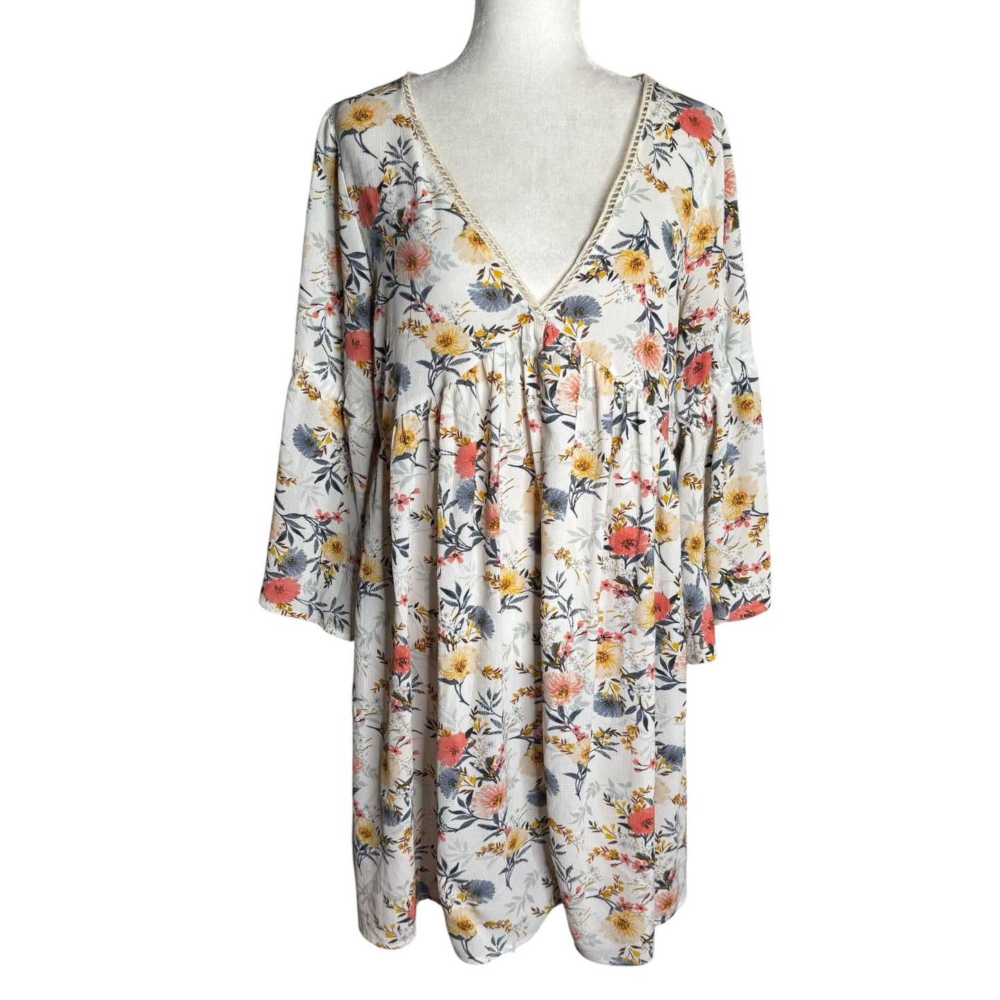 Umgee Floral Boho Long Sleeve V Neck Babydoll Dress Sz Large Cold Shoulder