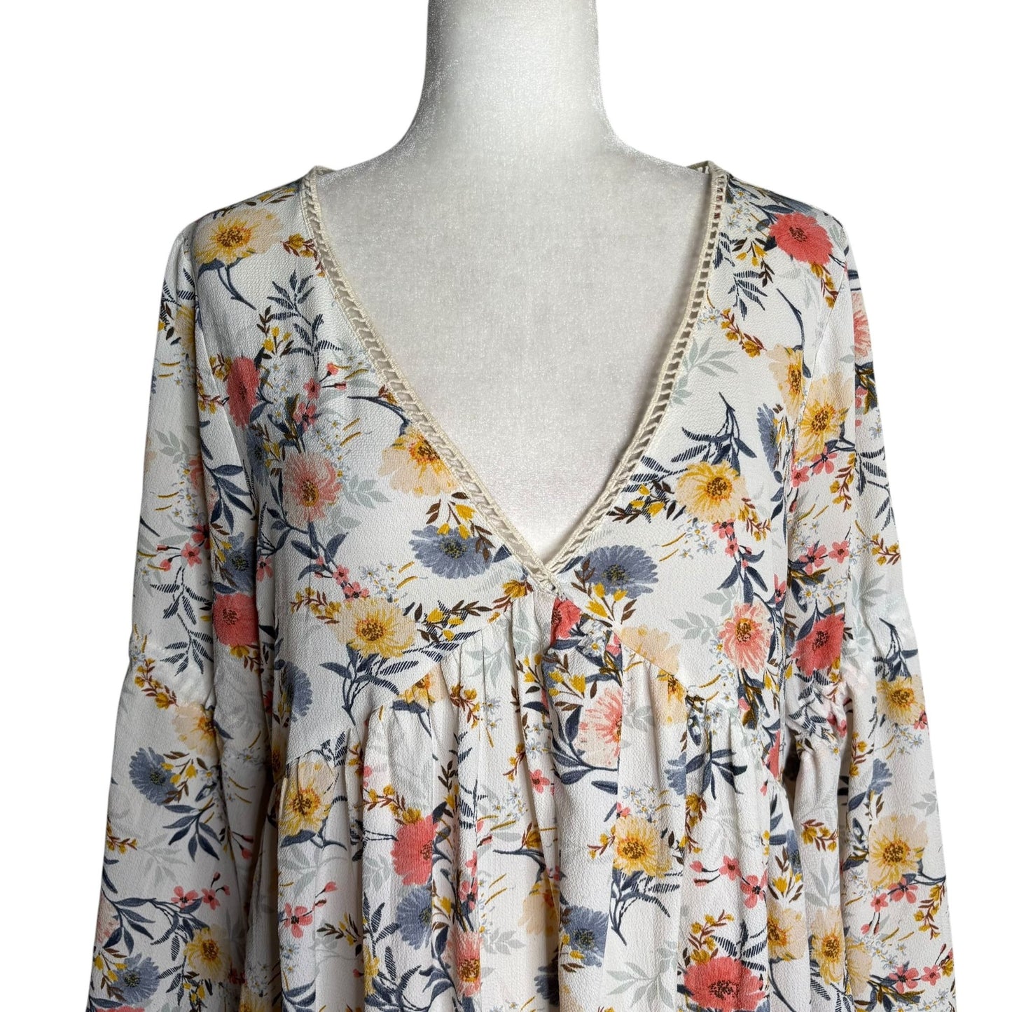 Umgee Floral Boho Long Sleeve V Neck Babydoll Dress Sz Large Cold Shoulder
