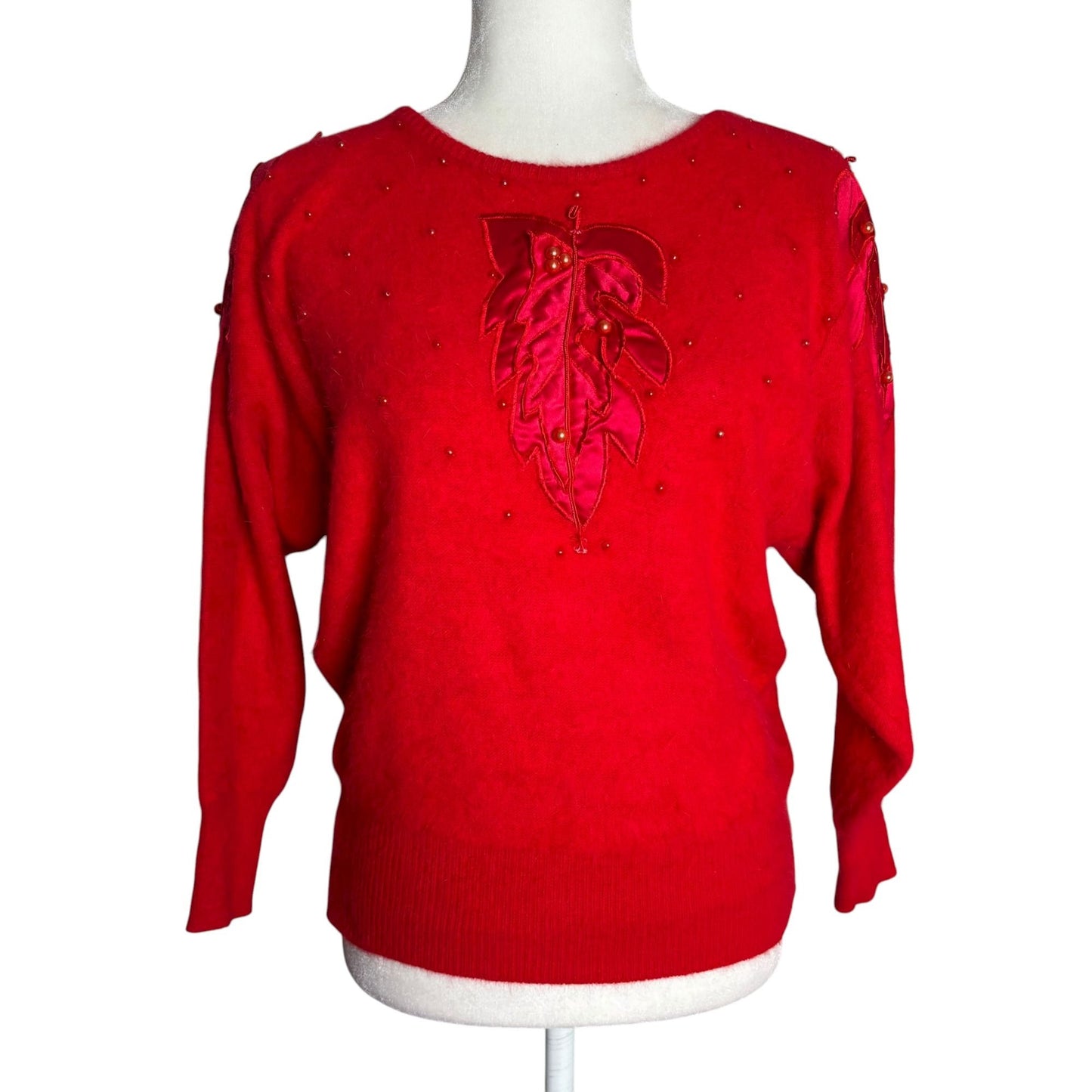 Vintage Fontaine Knit Red Angora Pullover Sweater Beaded Leaf Applique