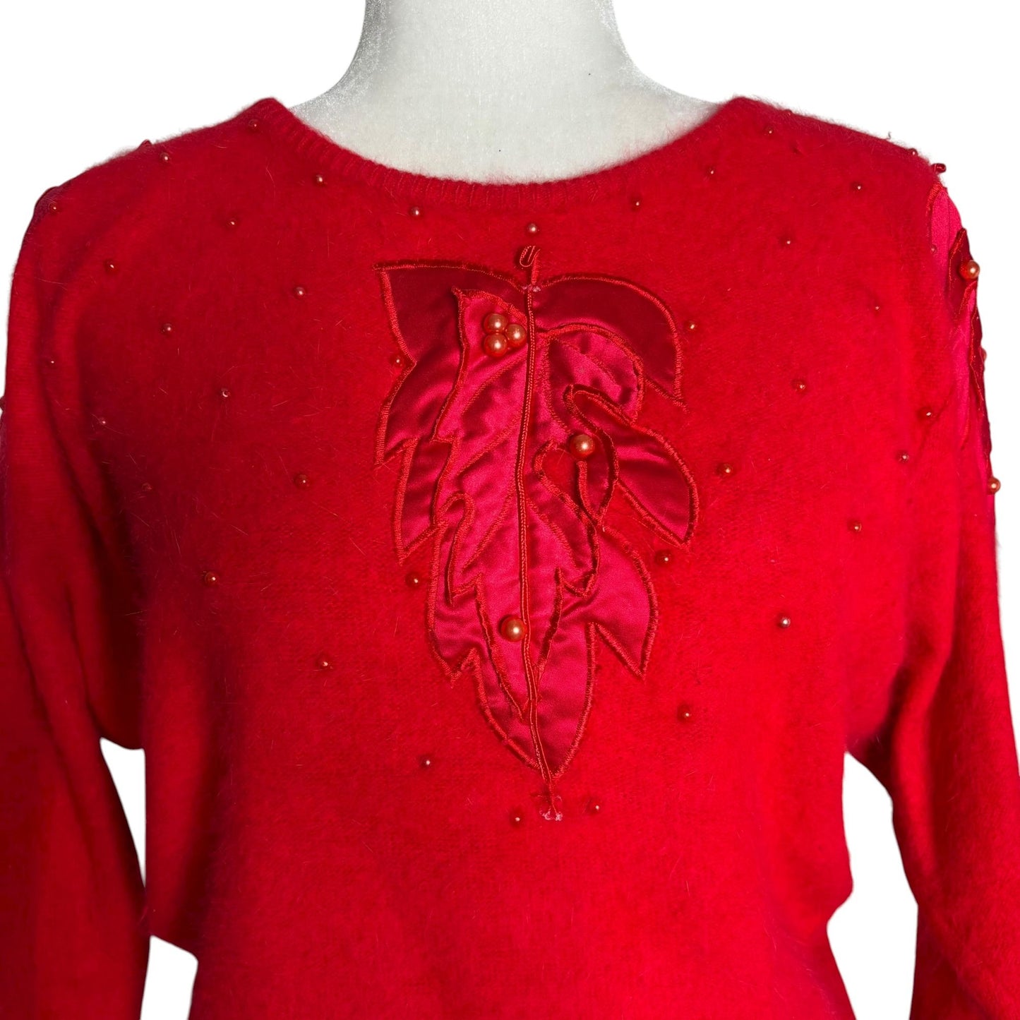 Vintage Fontaine Knit Red Angora Pullover Sweater Beaded Leaf Applique