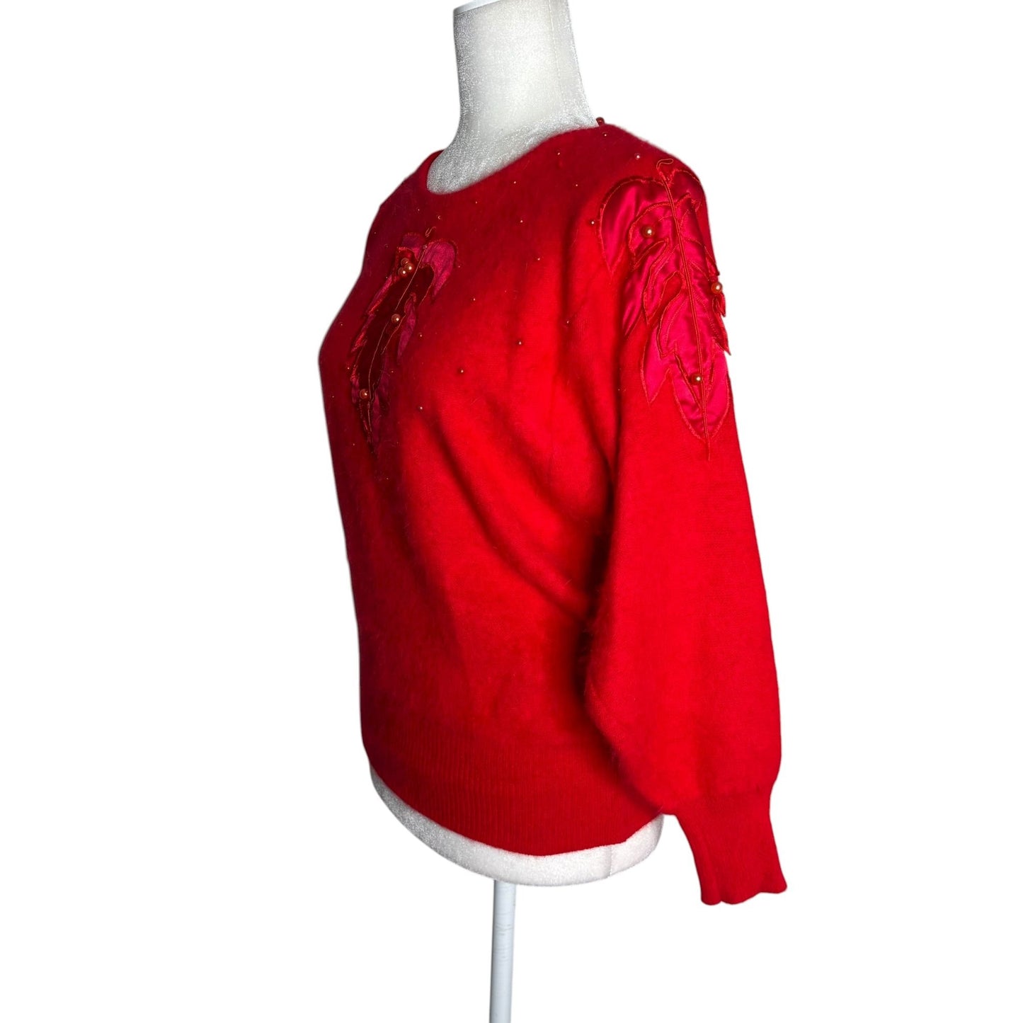 Vintage Fontaine Knit Red Angora Pullover Sweater Beaded Leaf Applique
