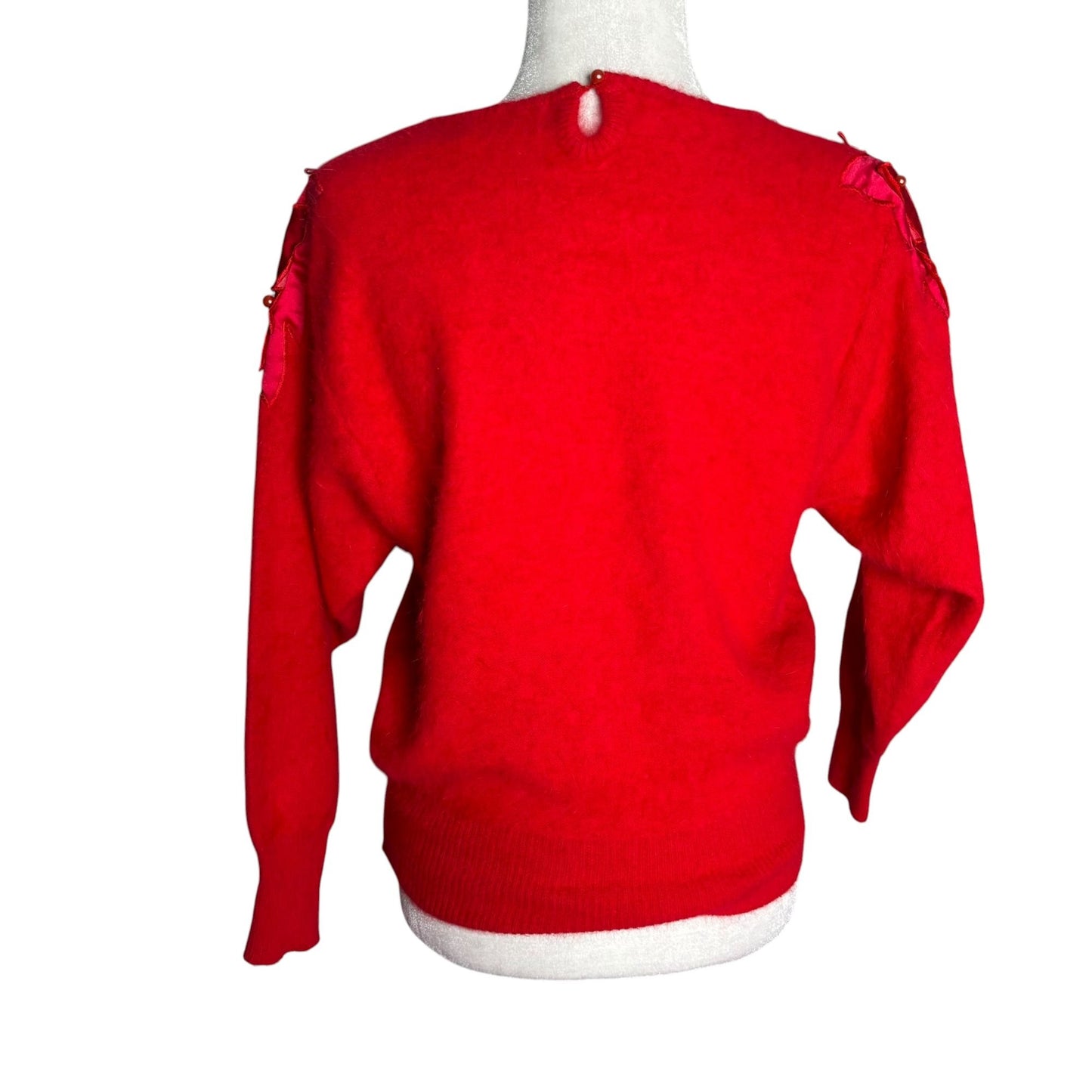 Vintage Fontaine Knit Red Angora Pullover Sweater Beaded Leaf Applique