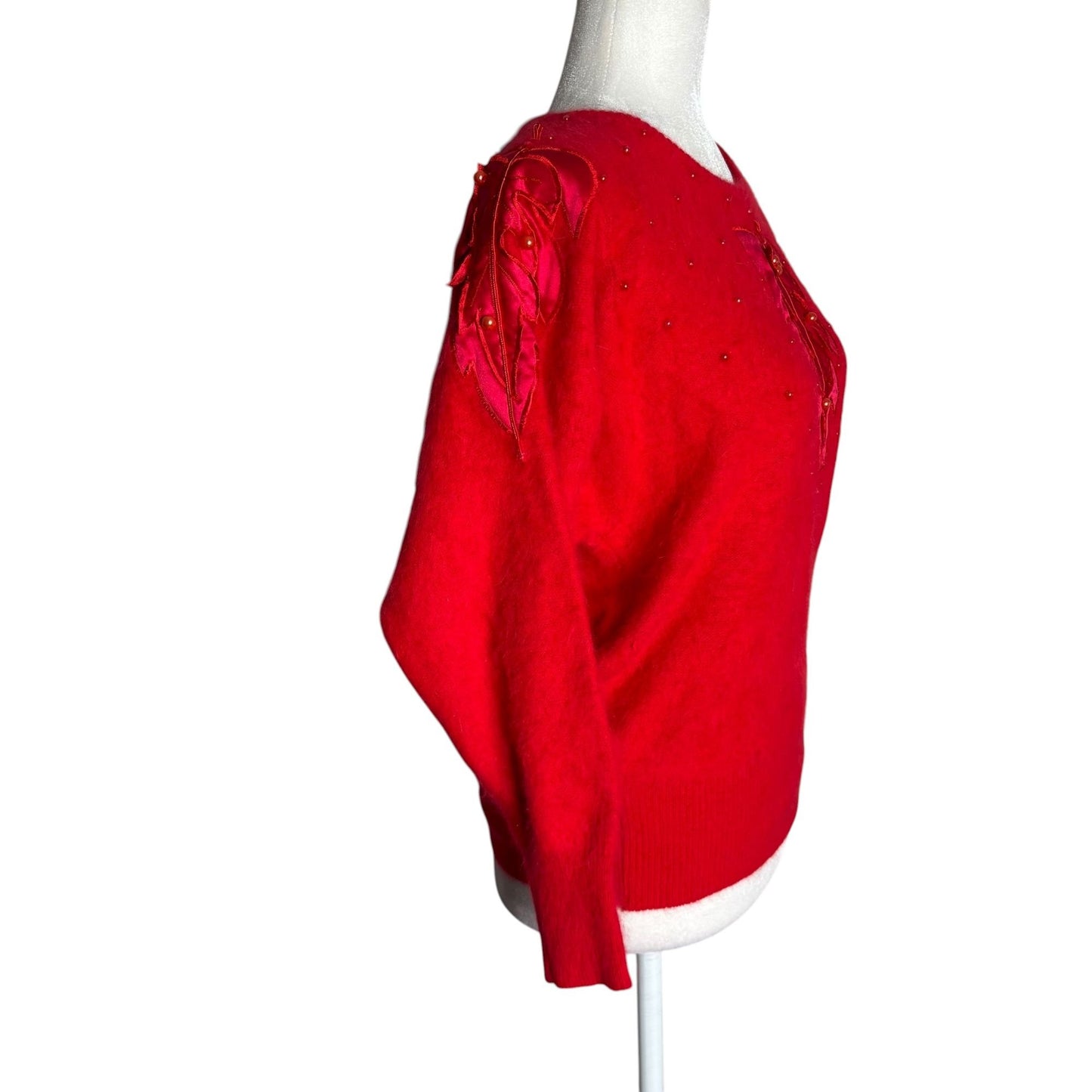 Vintage Fontaine Knit Red Angora Pullover Sweater Beaded Leaf Applique