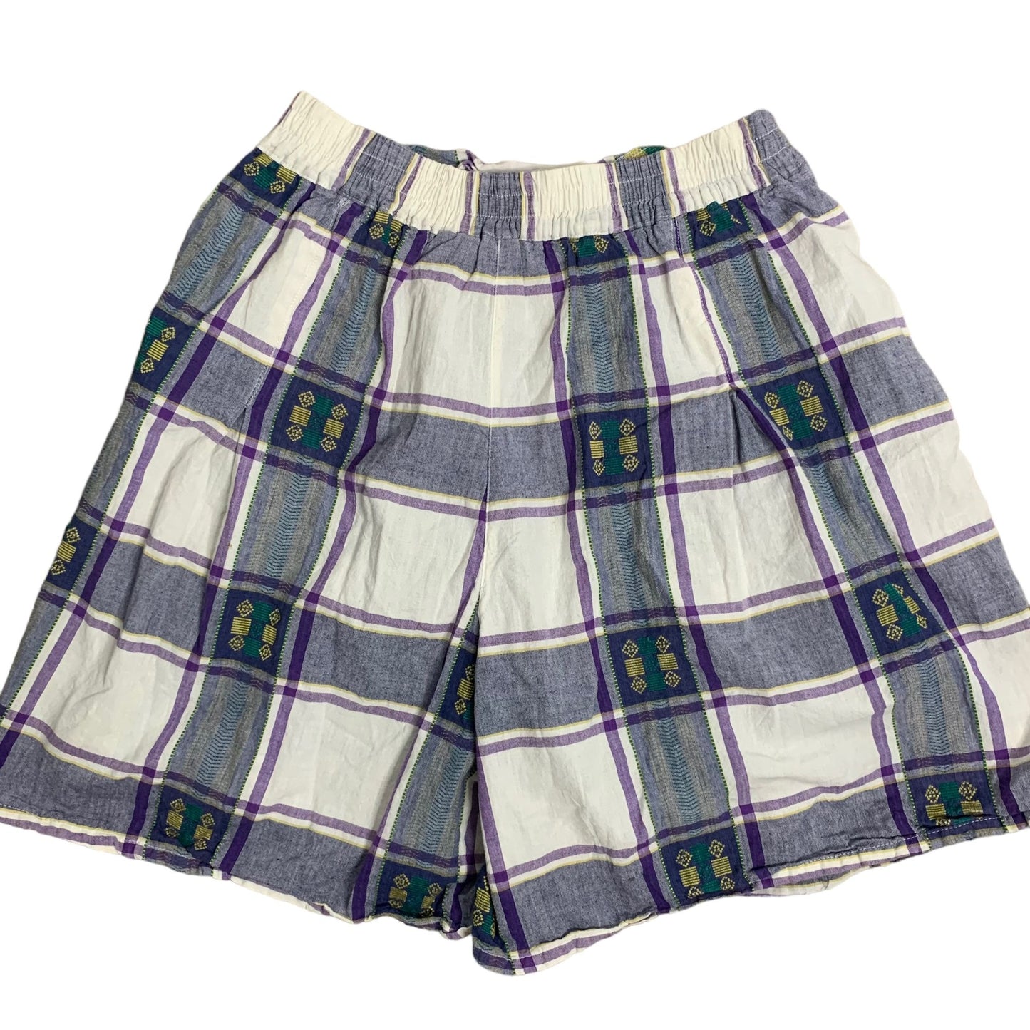 Vintage Button Up Shirt Shorts Set M Purple Plaid Embroidered Pockets Elastic