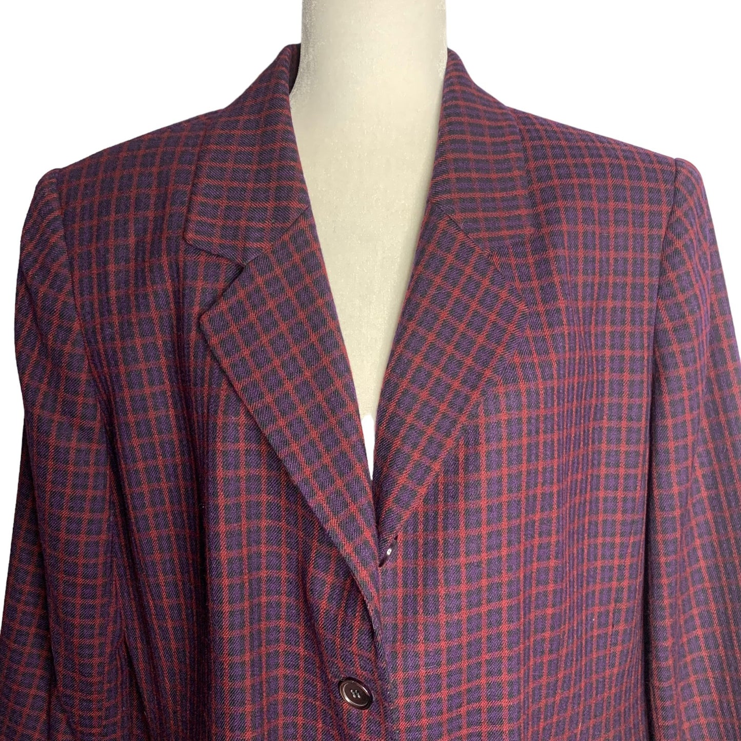 Vintage Worsted Wool Blazer Jacket XL Purple Plaid Shoulder Pads Buttons Pockets