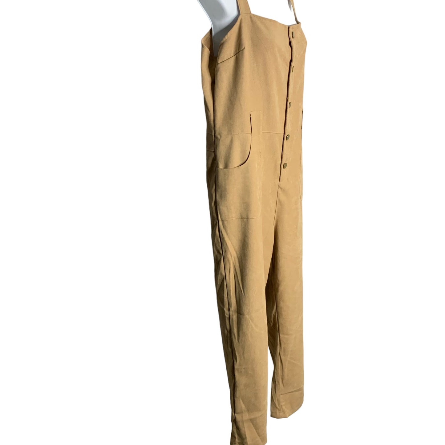 Shein Button Up Faux Suede Jumpsuit L Tan Pockets Adjustable Straps Pockets
