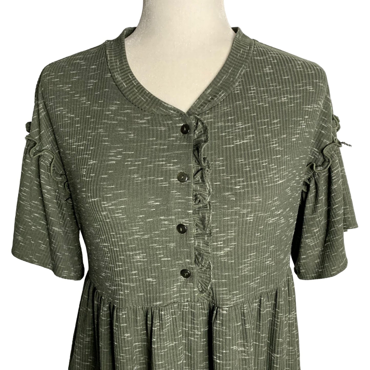 Violet Weekend Ribbed Knit T Shirt Dress S Green Flutter Sleeve Pockets Buttons