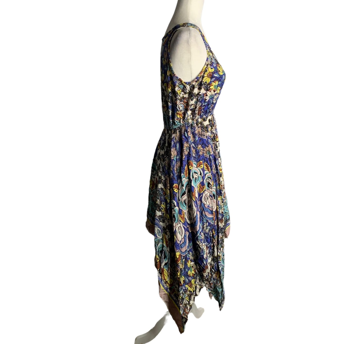 Lola P Handkerchief Shark Bite Hem Dress S Multicolored Floral Sleeveless