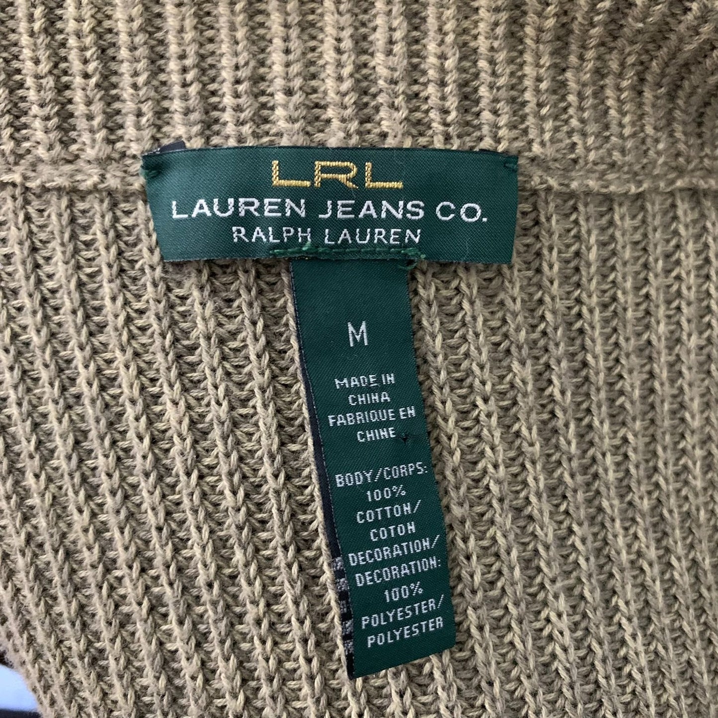 Lauren Ralph Lauren Cardigan Sweater M Green Brown Button Up Pockets Elbow Patch