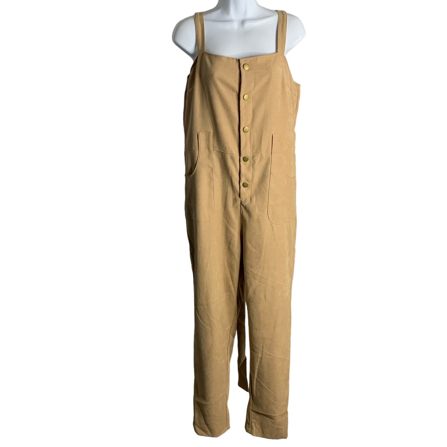 Shein Button Up Faux Suede Jumpsuit L Tan Pockets Adjustable Straps Pockets