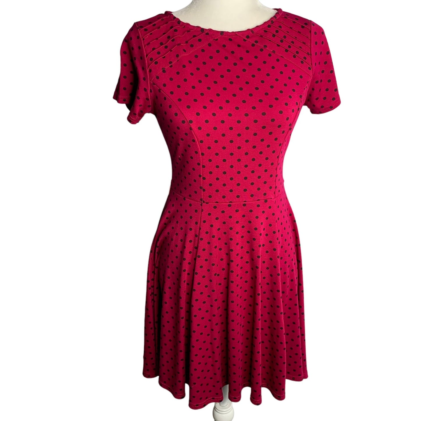 Unique Vintage Retro Swing Dress M Fuchsia Polka Dot Pleated Zip Stretch Knit