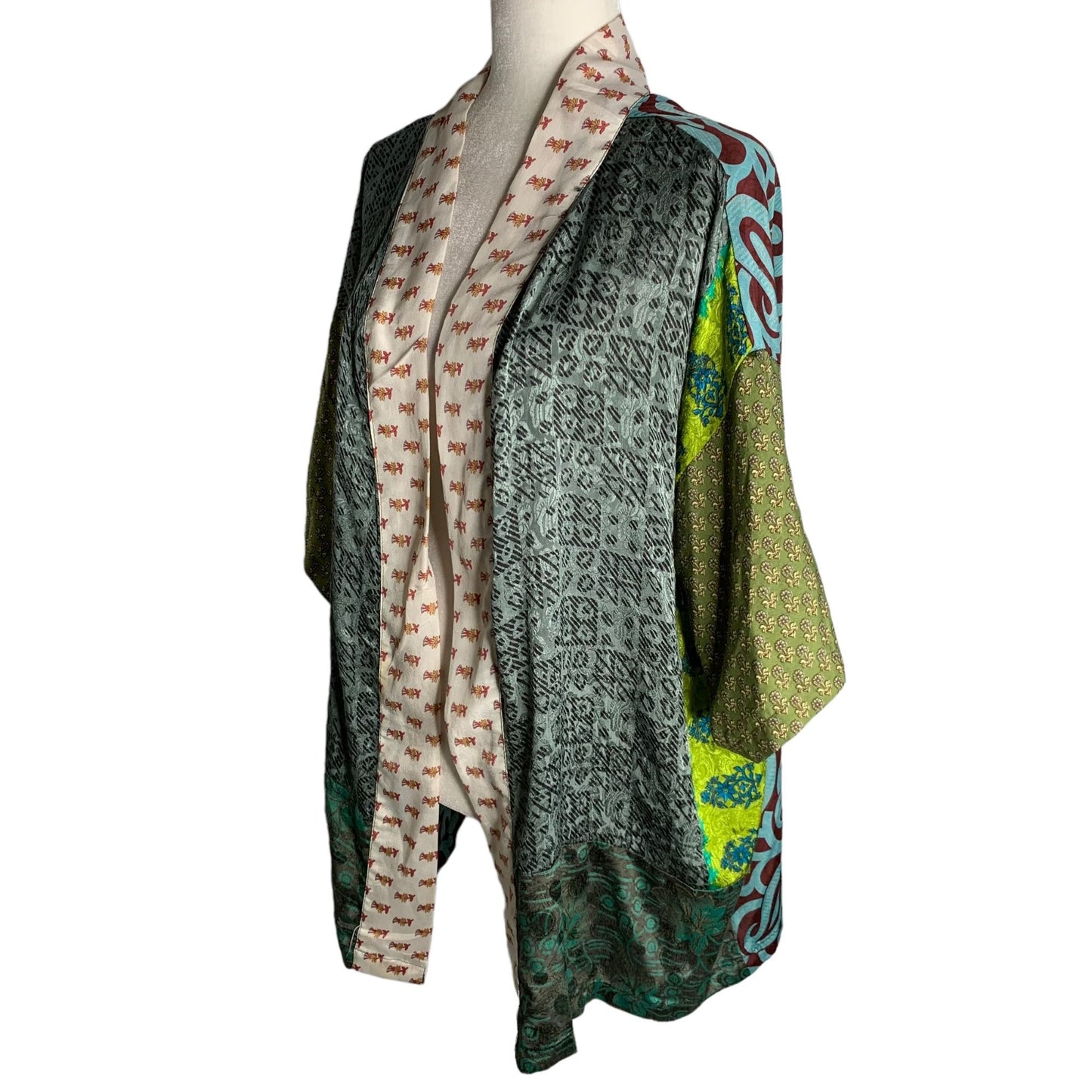 Silk Open Front Short Kimono One Size Multicolored Floral Patchwork Cardigan