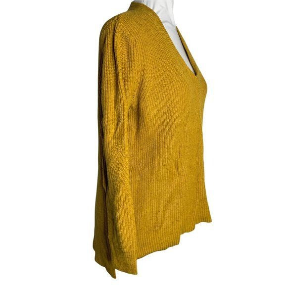 Cable Knit Pullover Sweater S Mustard Yellow V Neck Long Sleeve High Low