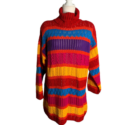 Vintage 90s Loose Knit Turtleneck Sweater L Rainbow Stripe Pullover Long Sleeve