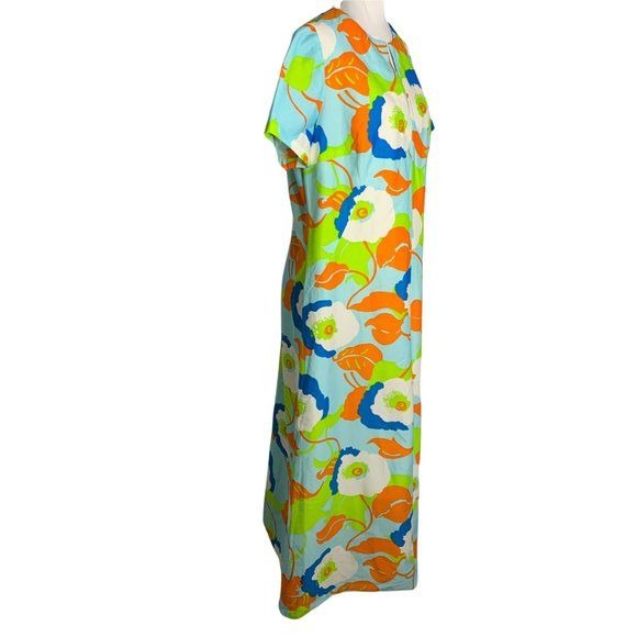 Vintage 60s Psychedelic Maxi Dress L Blue Green Floral Split V Neck Metal Zip