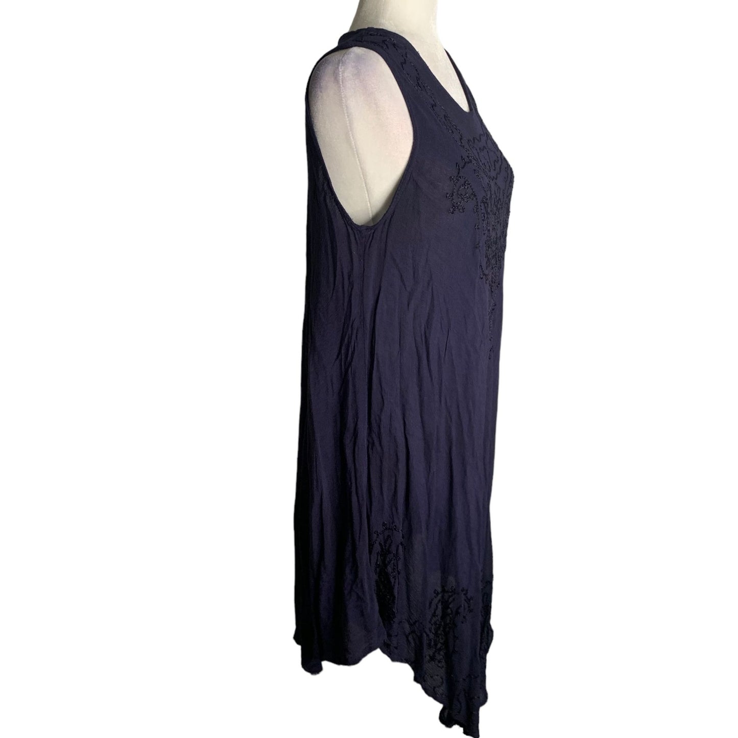 Embroidered Sleeveless Sun Dress S-L Navy Blue Cover Up Rayon Round Hem