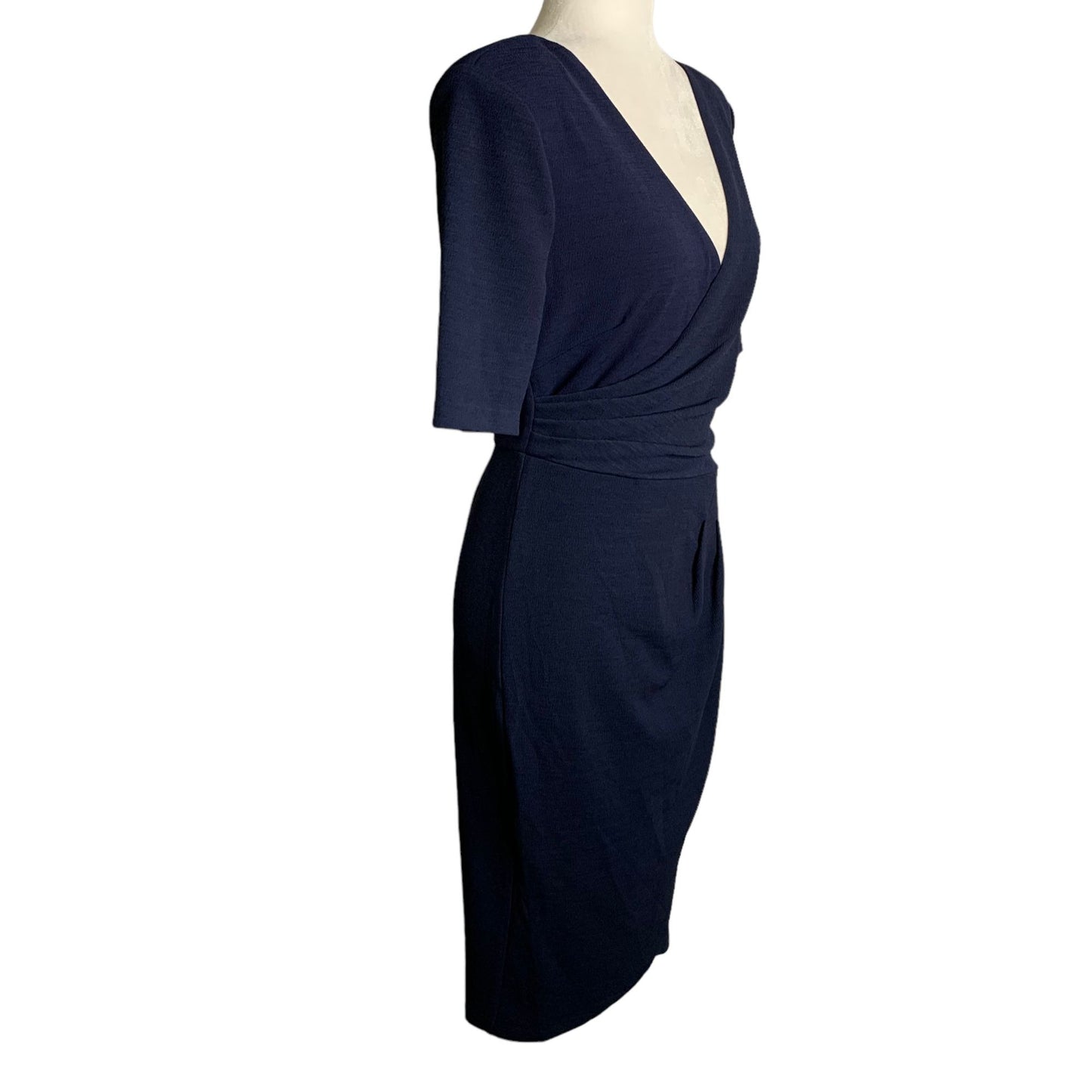 Adrianna Papell Rio Knit Sheath Dress 10 Blue V Neck Draped Lined Short Sleeve