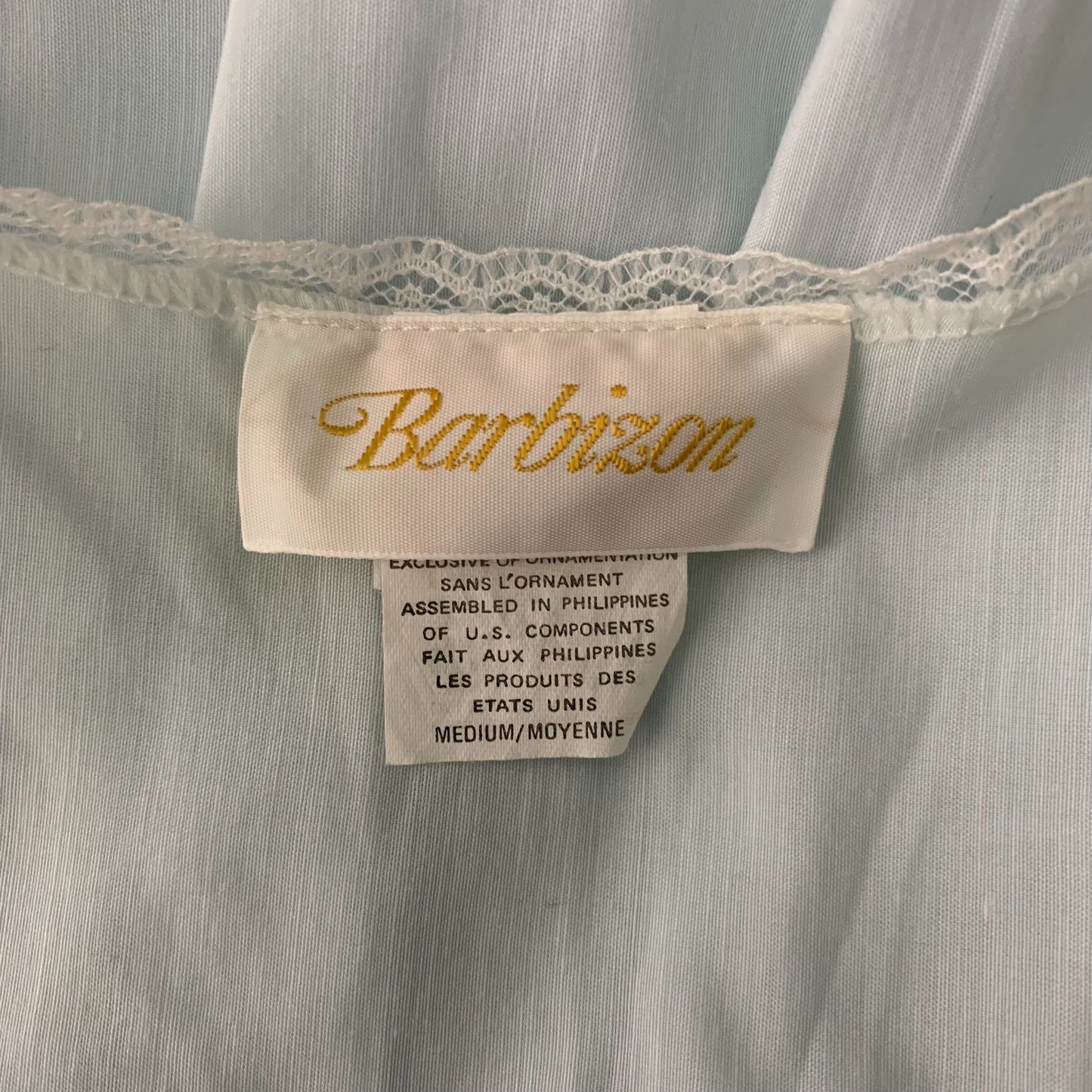 Vintage 70s Barbizon Button Up Nightgown M Blue Embroidered Lace Half Sleeve
