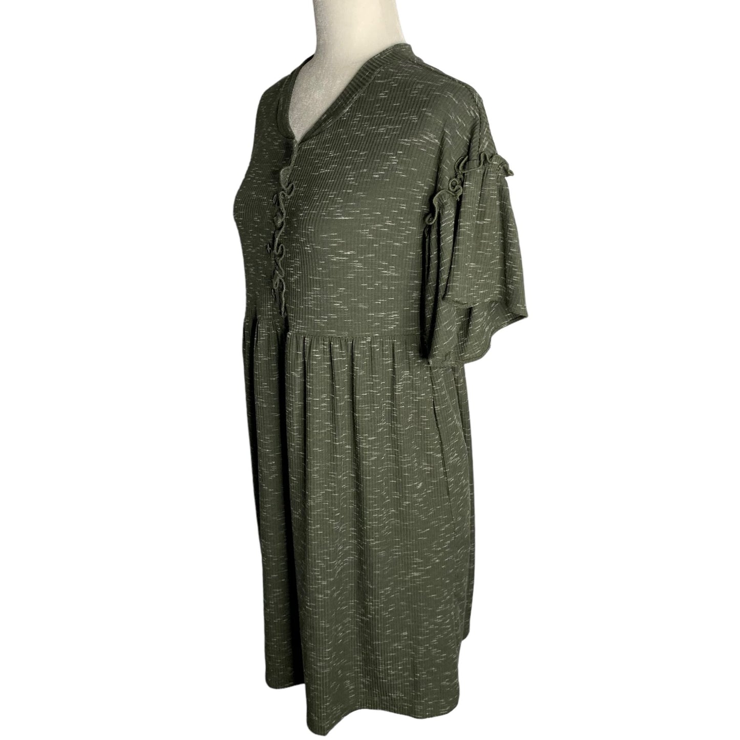 Violet Weekend Ribbed Knit T Shirt Dress S Green Flutter Sleeve Pockets Buttons