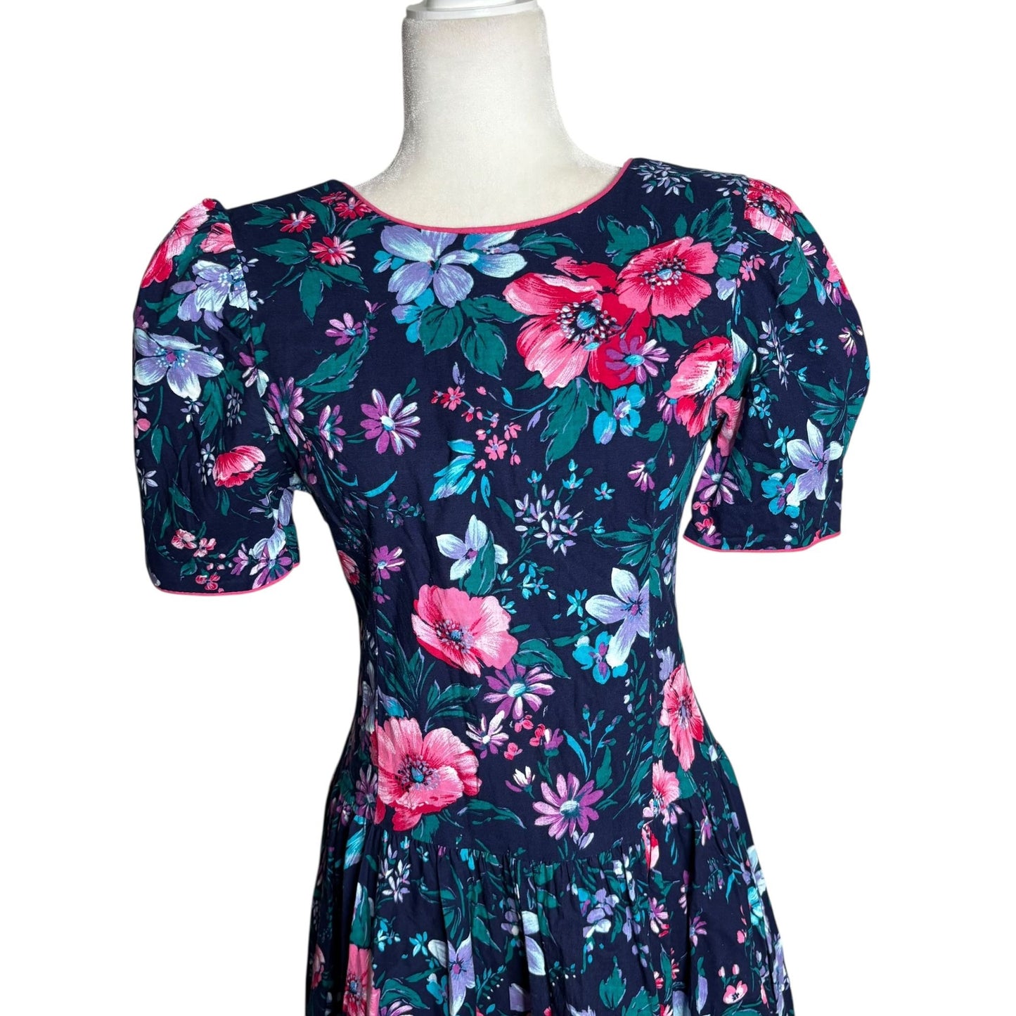 Vintage Jodi Michaels Floral Fit Flare Dress Small Navy Pockets Bow Zipper