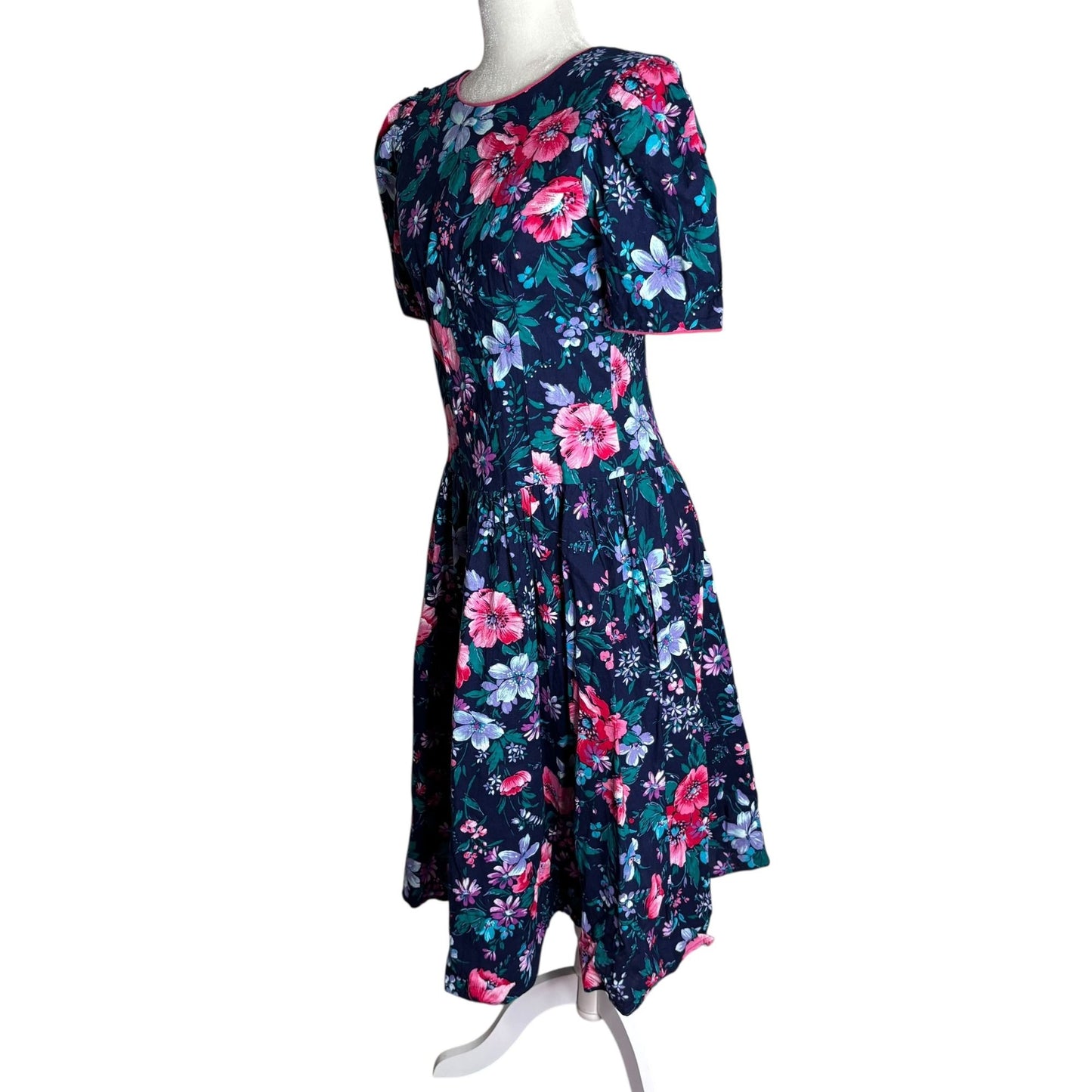 Vintage Jodi Michaels Floral Fit Flare Dress Small Navy Pockets Bow Zipper