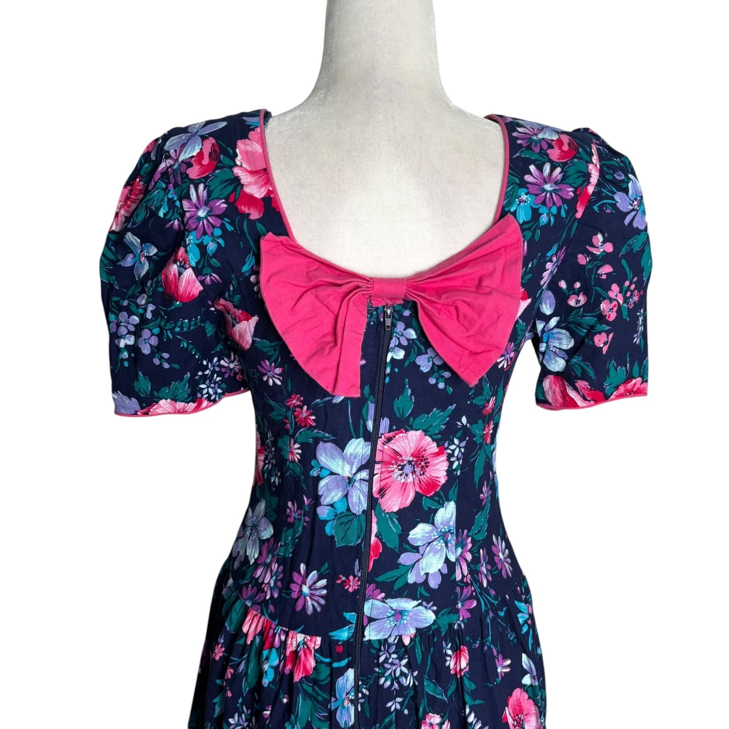 Vintage Jodi Michaels Floral Fit Flare Dress Small Navy Pockets Bow Zipper