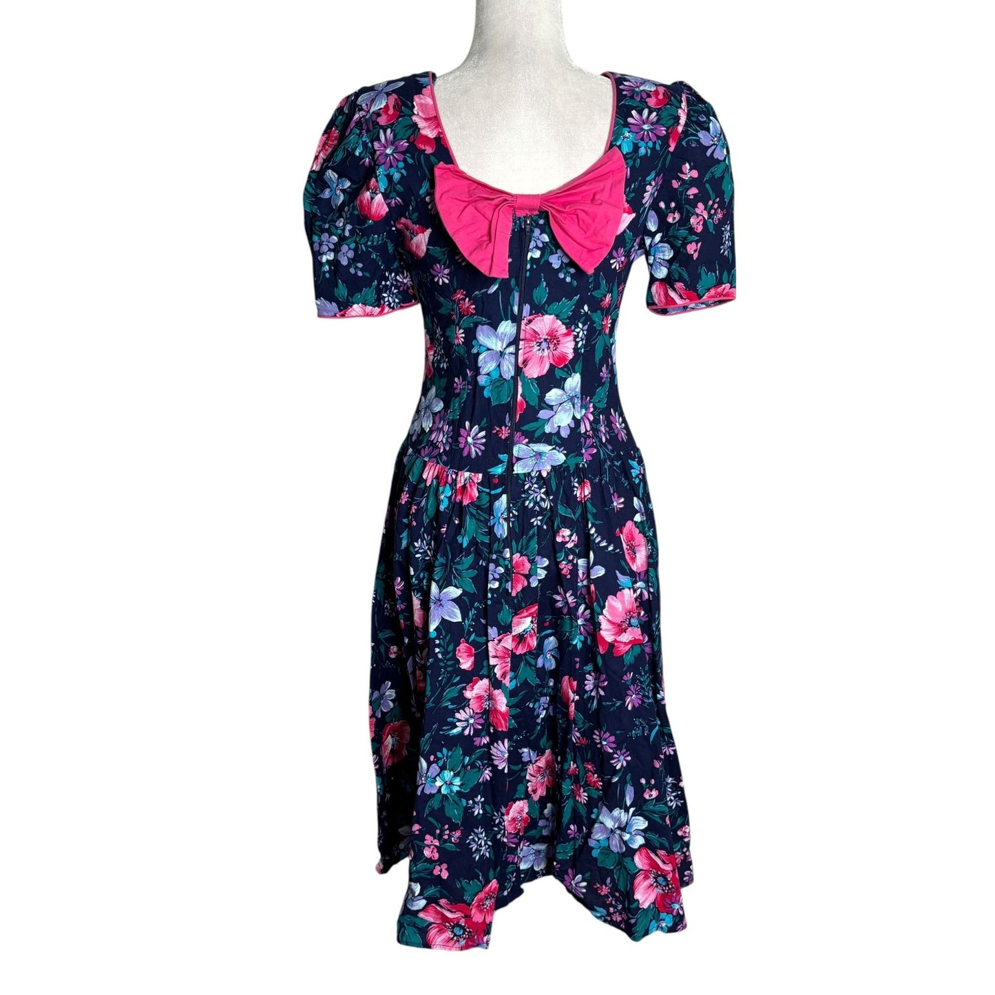 Vintage Jodi Michaels Floral Fit Flare Dress Small Navy Pockets Bow Zipper