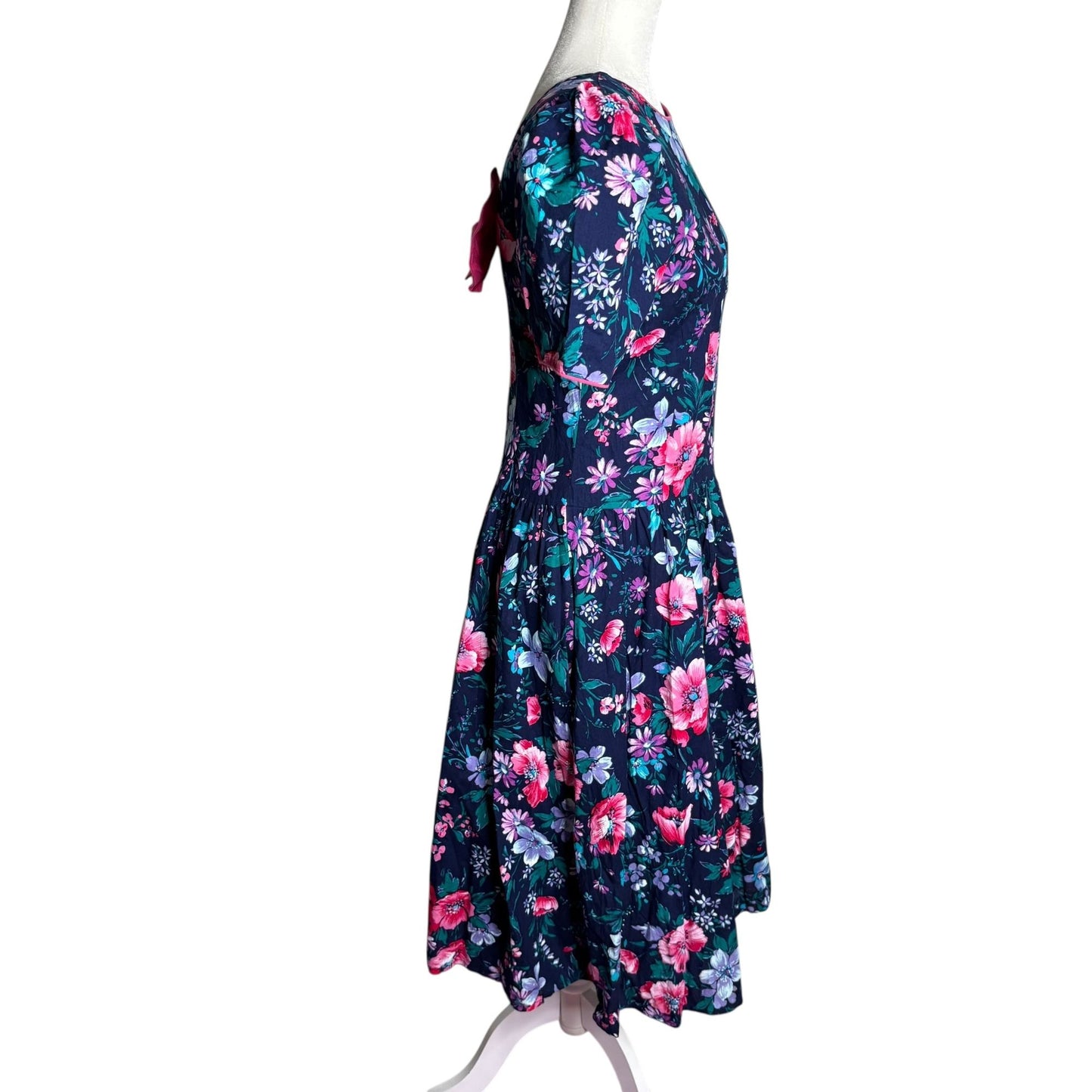 Vintage Jodi Michaels Floral Fit Flare Dress Small Navy Pockets Bow Zipper