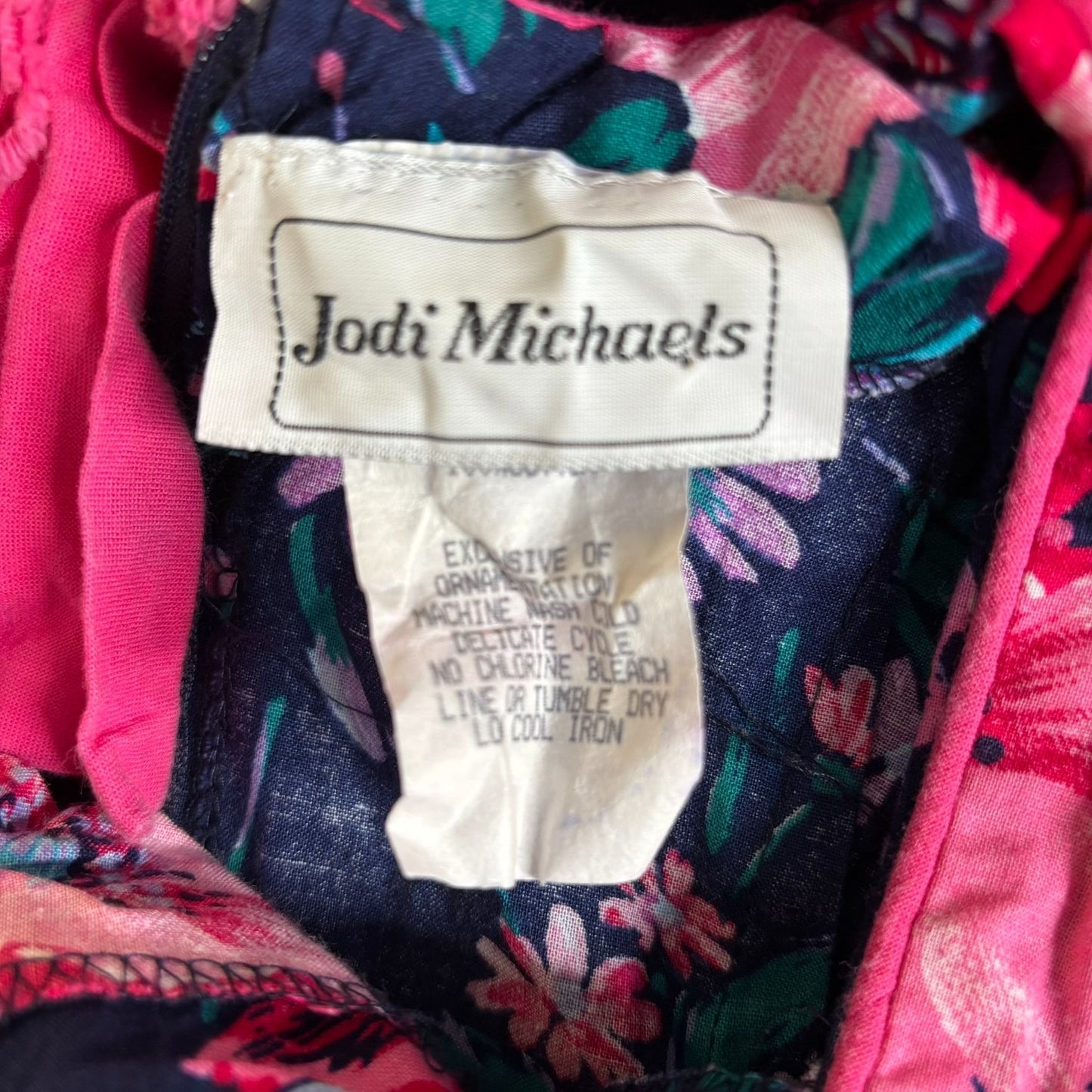 Vintage Jodi Michaels Floral Fit Flare Dress Small Navy Pockets Bow Zipper