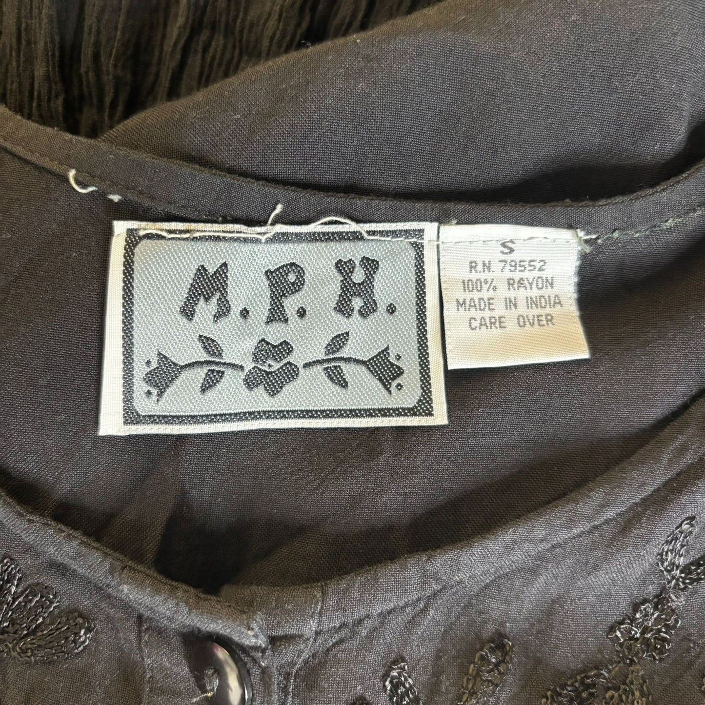 Vintage Embroidered Button Front Maxi Dress Sz Small Black Rayon Short Sleeve