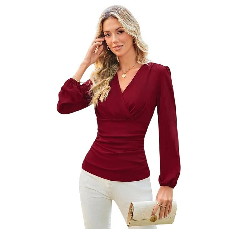 Grace Karin Wrap Blouse Size Medium Wine Red V Neck Long Sleeve Ruched Top
