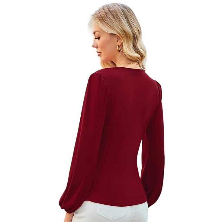 Grace Karin Wrap Blouse Size Medium Wine Red V Neck Long Sleeve Ruched Top