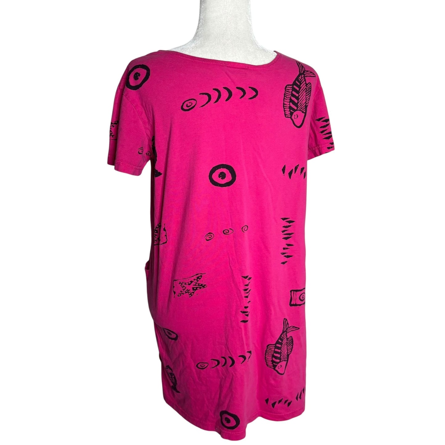 Vintage 90s Graphic Fish Print Shift Dress Small Pink Short Sleeves Pockets