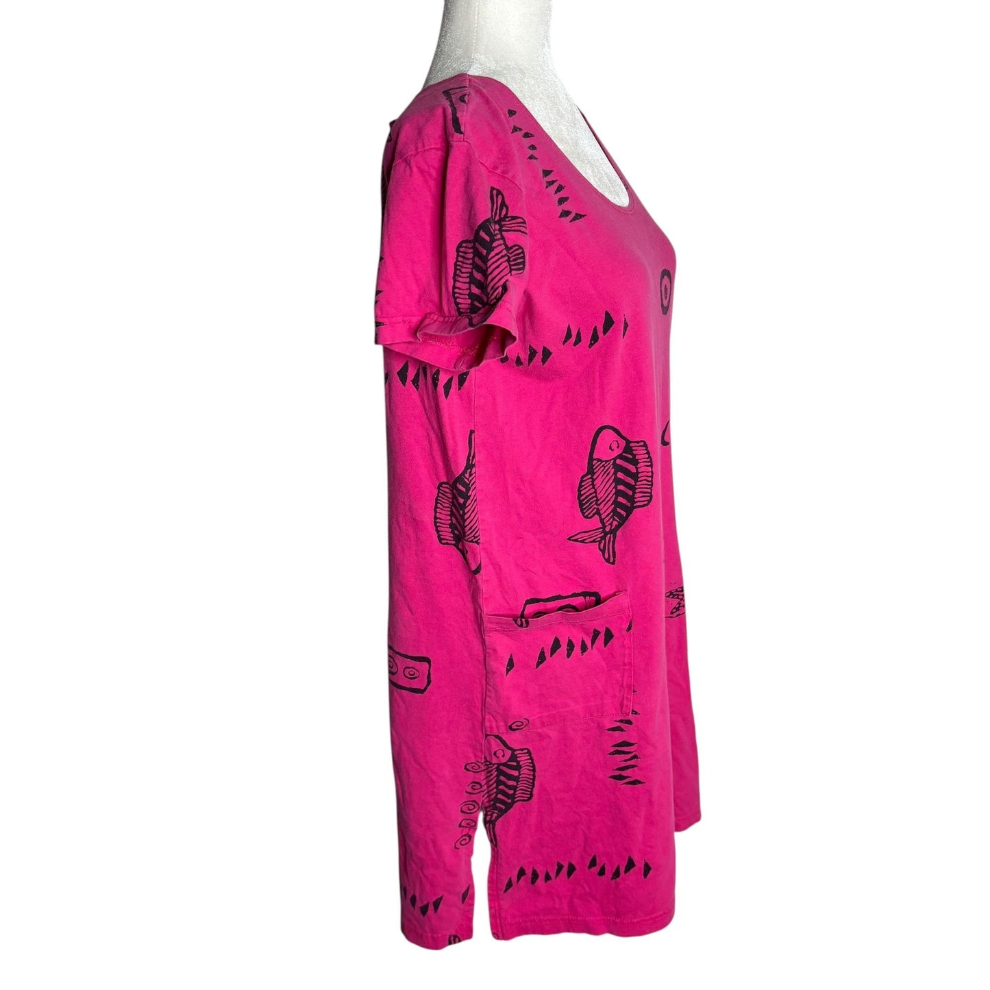 Vintage 90s Graphic Fish Print Shift Dress Small Pink Short Sleeves Pockets