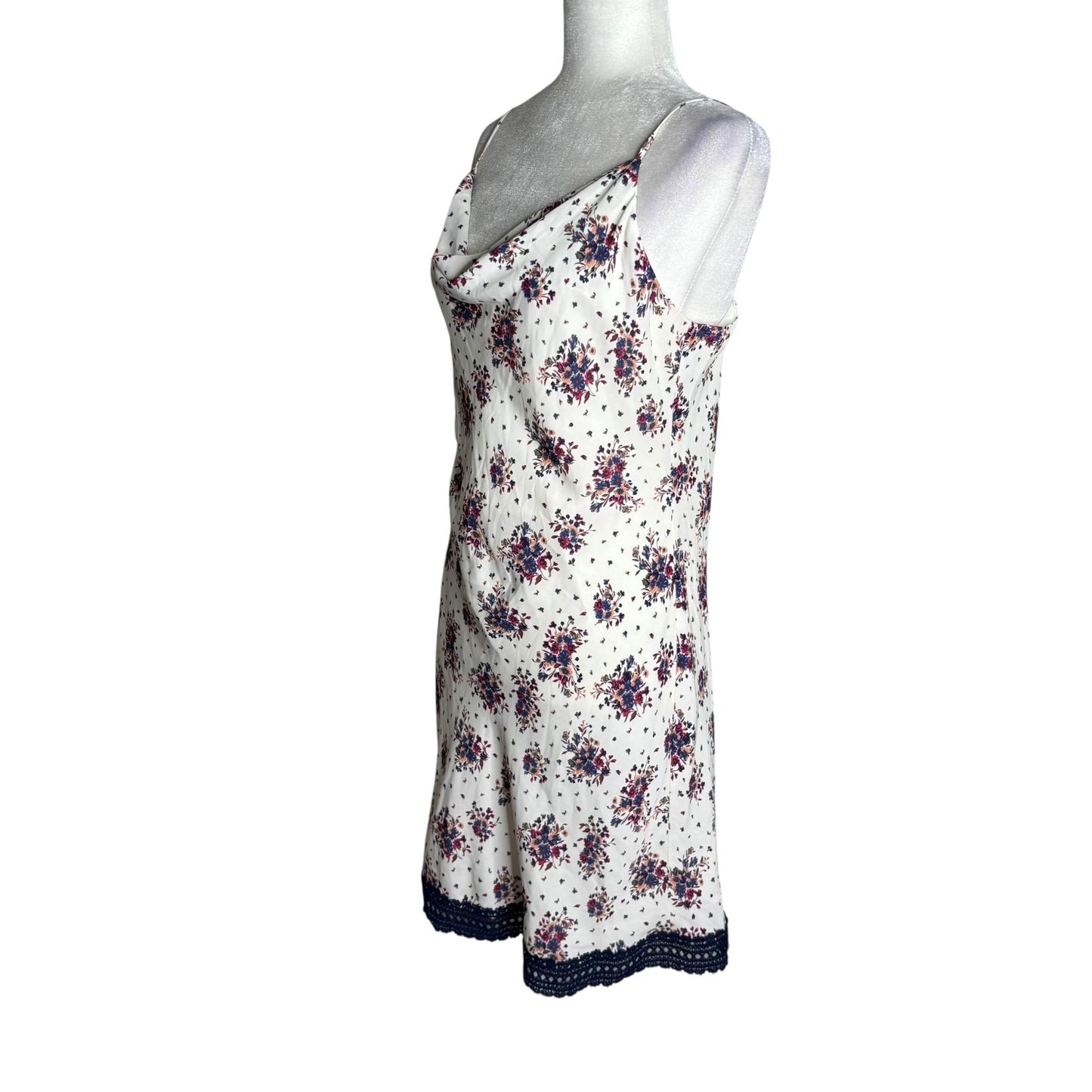 Skies Are Blue Floral Slip Dress Medium White Navy Lace Hem Adjustable Straps