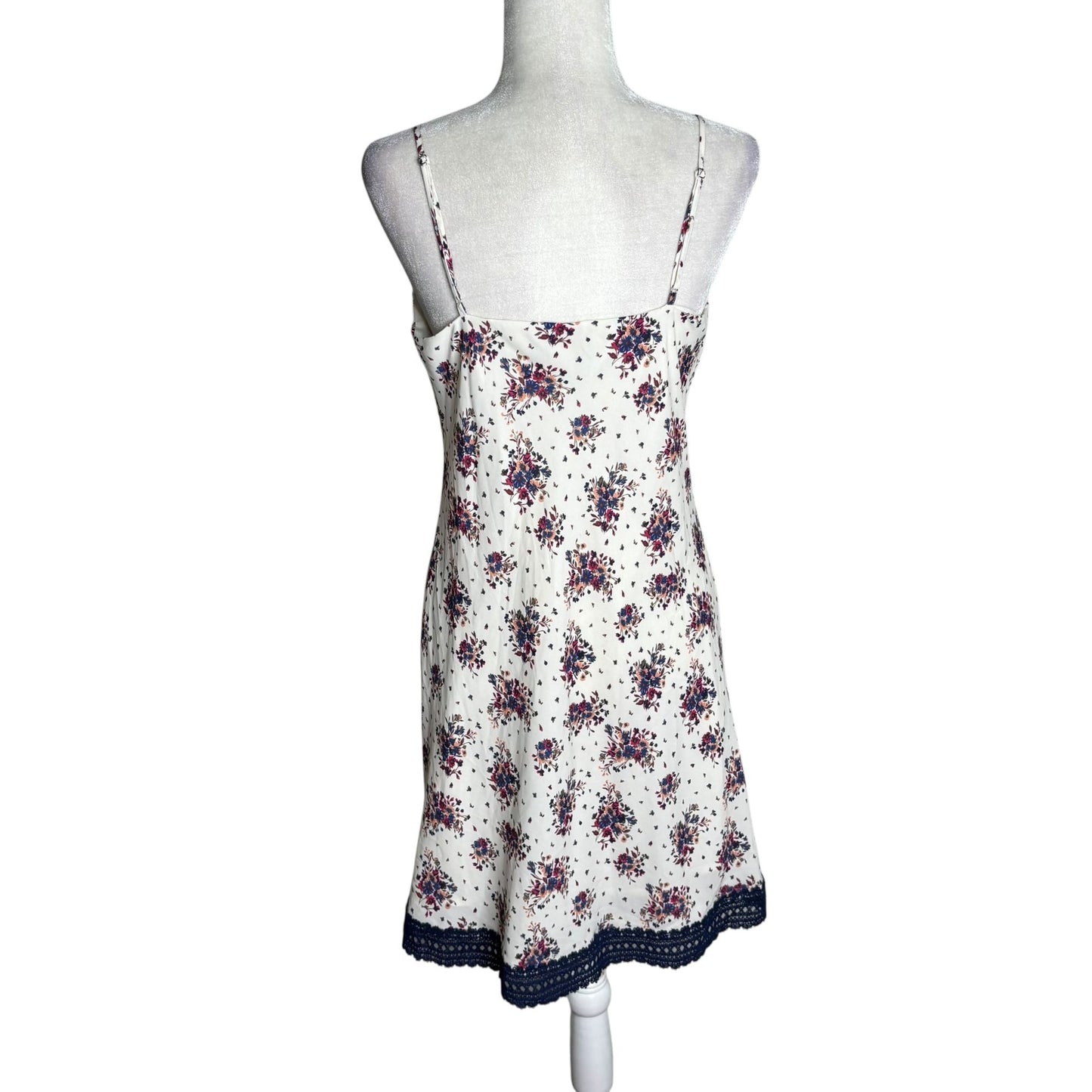 Skies Are Blue Floral Slip Dress Medium White Navy Lace Hem Adjustable Straps