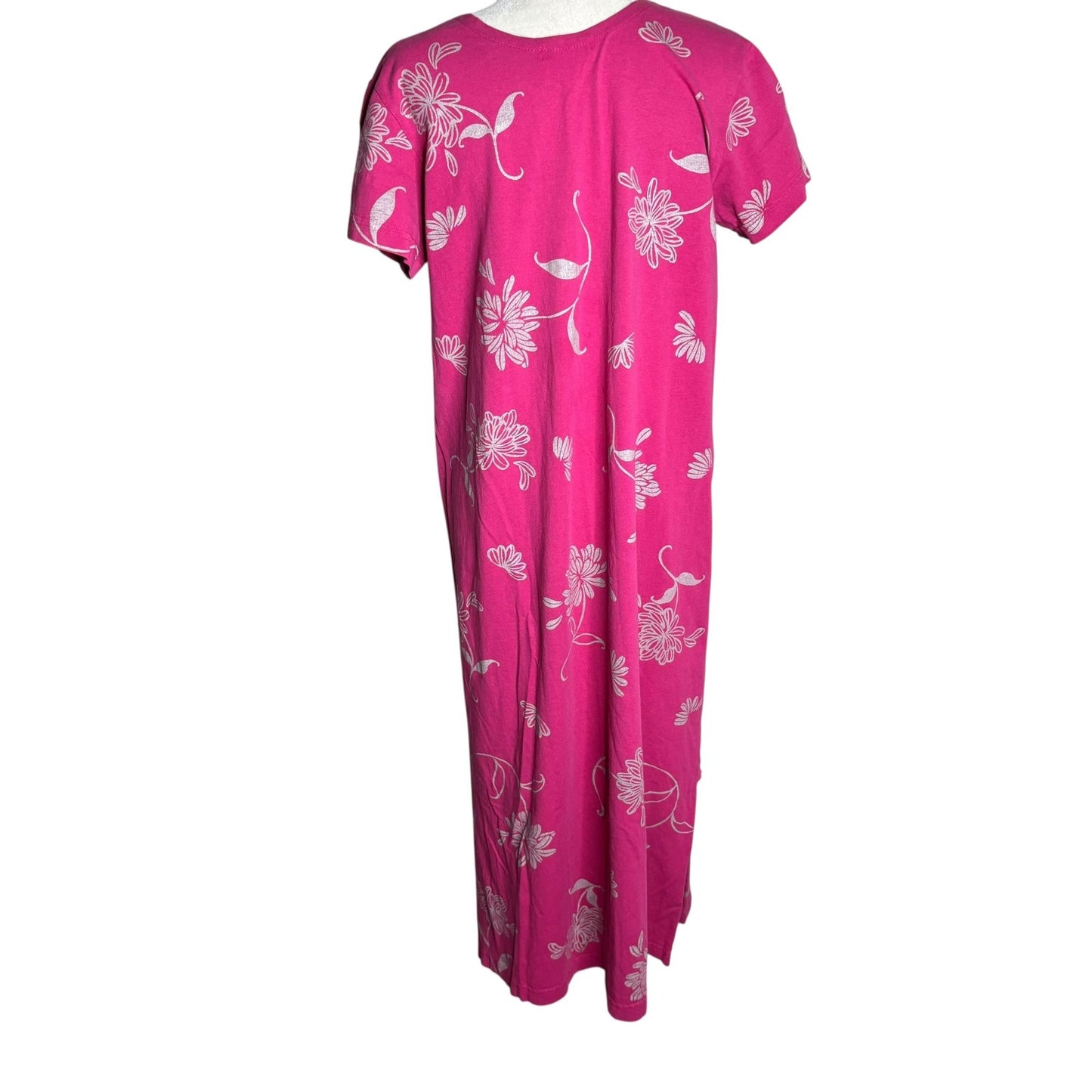 Vintage 90s Floral Cotton Maxi Dress Medium Pink Short Sleeve Scoop Neck