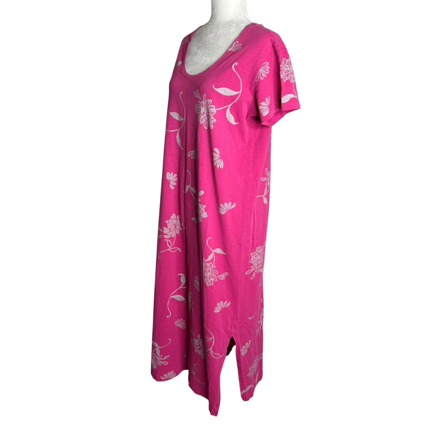 Vintage 90s Floral Cotton Maxi Dress Medium Pink Short Sleeve Scoop Neck