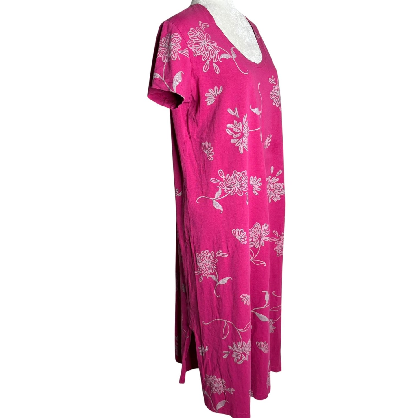 Vintage 90s Floral Cotton Maxi Dress Medium Pink Short Sleeve Scoop Neck