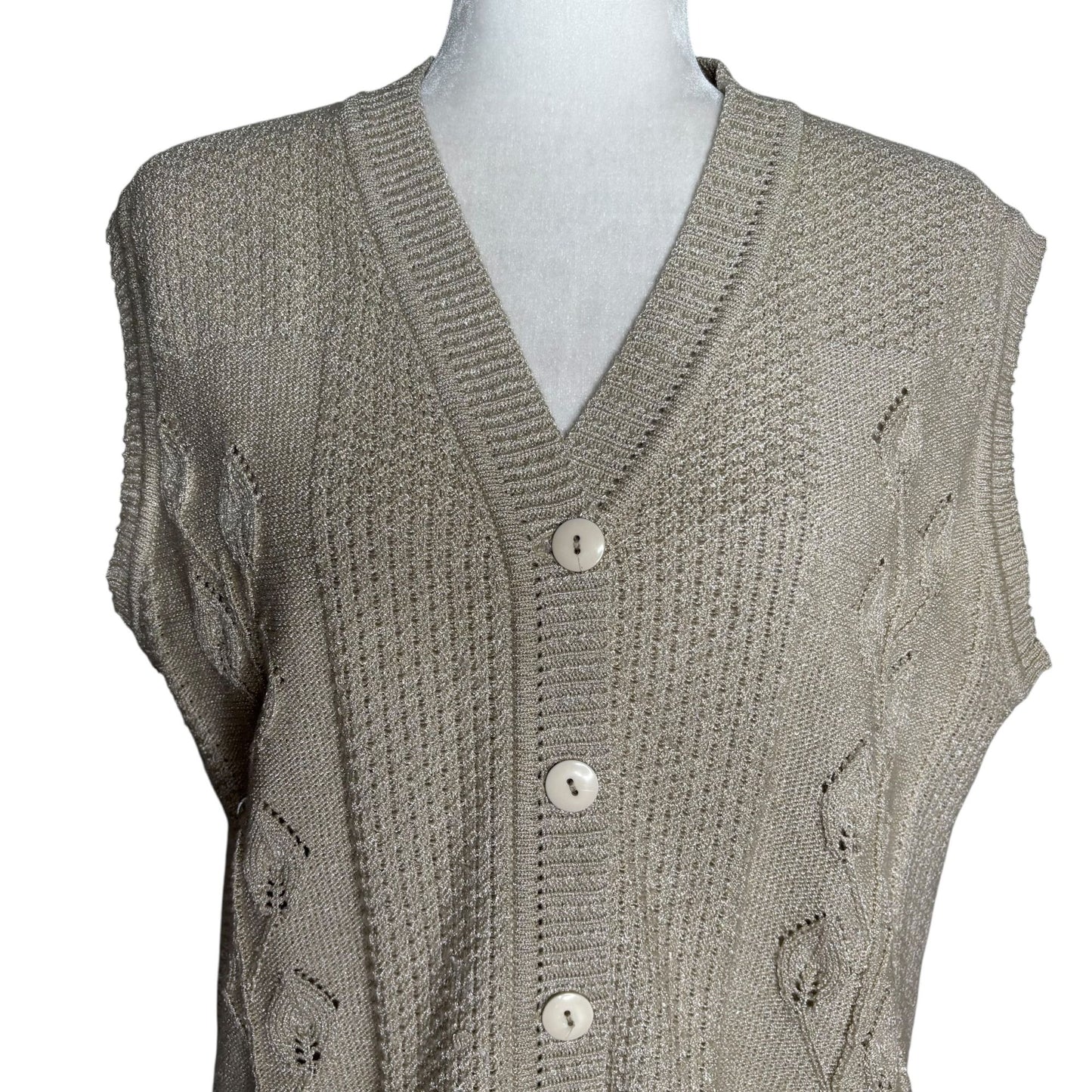 Vintage Tejidos America Knit Button Up Cardigan Vest Medium Beige Metallic
