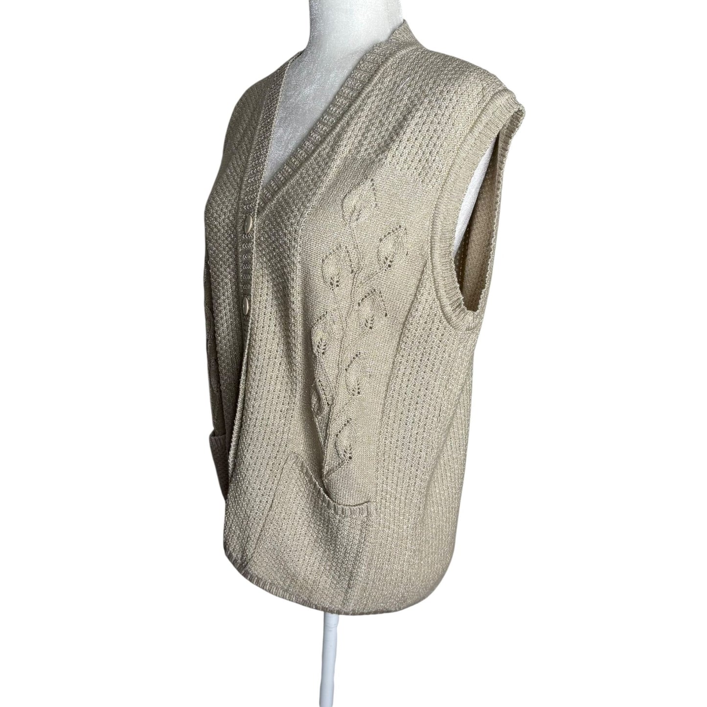 Vintage Tejidos America Knit Button Up Cardigan Vest Medium Beige Metallic