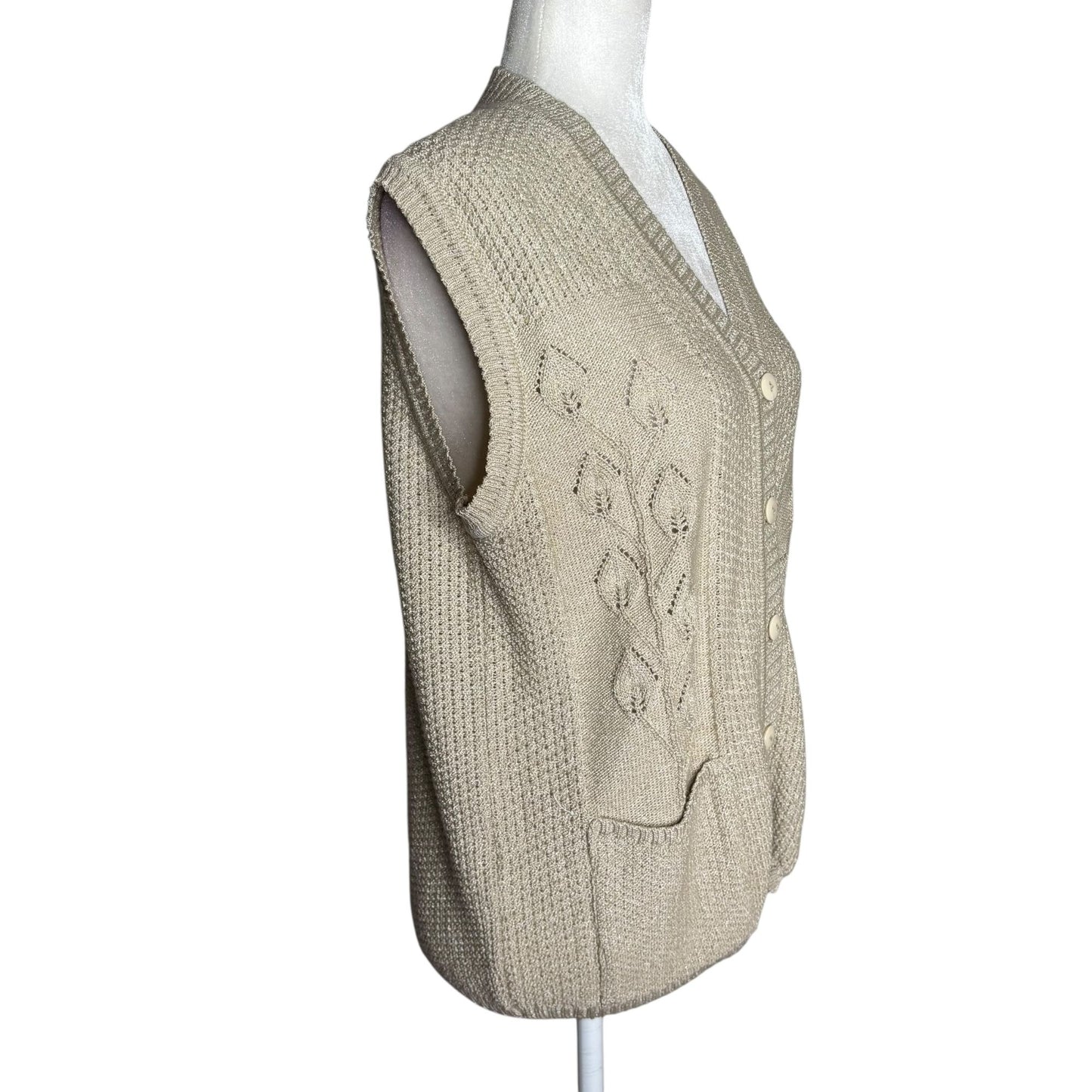 Vintage Tejidos America Knit Button Up Cardigan Vest Medium Beige Metallic