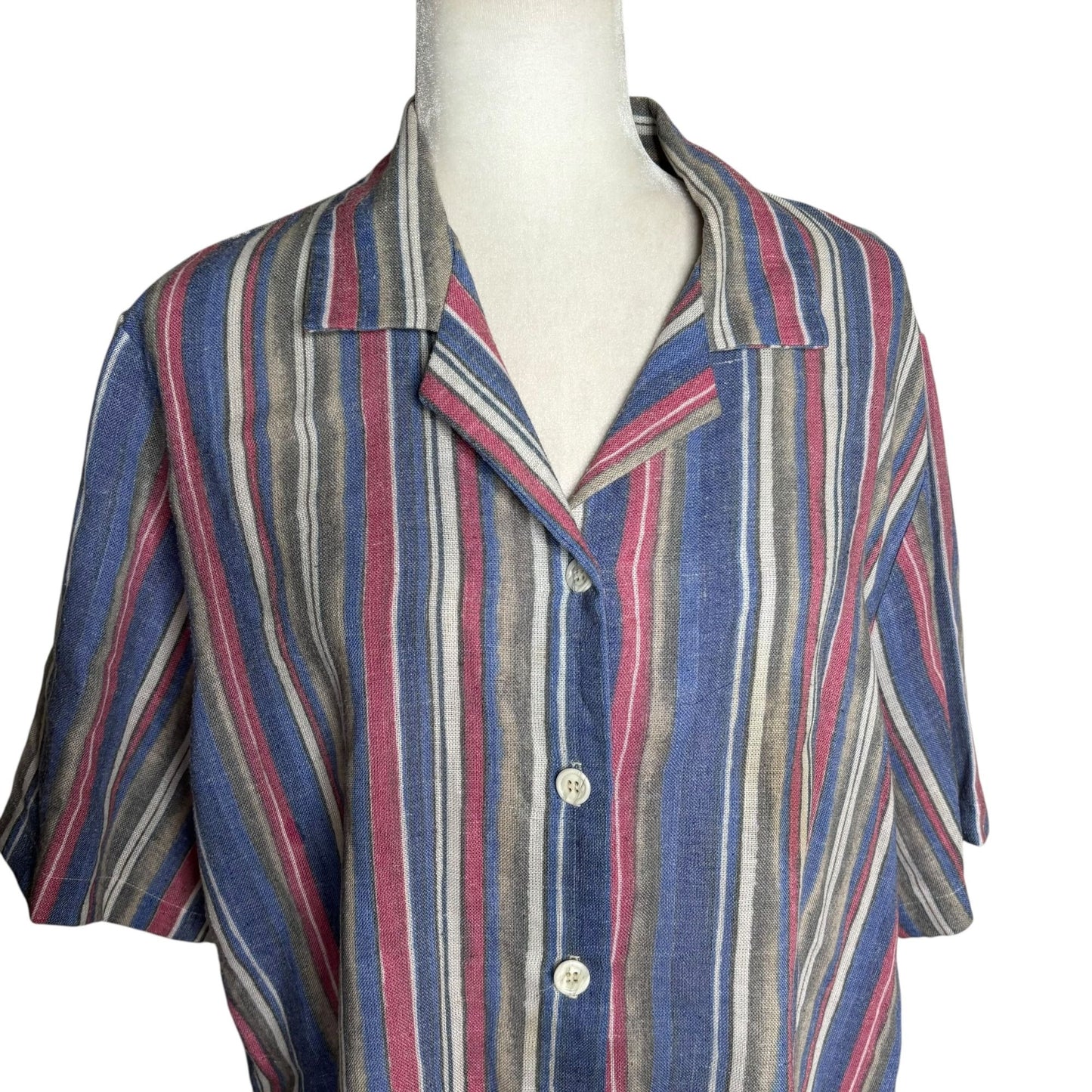 Vintage 90s Striped Button Up Shirt XL Short Sleeve Lightweight Collared