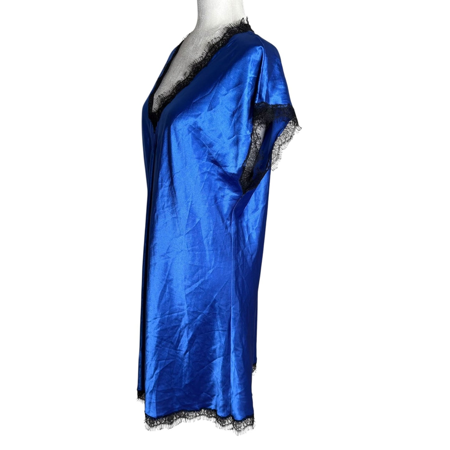 Oscar De La Renta Satin Nightgown Large Blue Lace Trim V Neck Short Sleeves