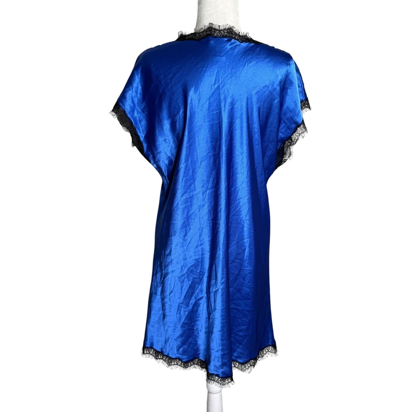 Oscar De La Renta Satin Nightgown Large Blue Lace Trim V Neck Short Sleeves