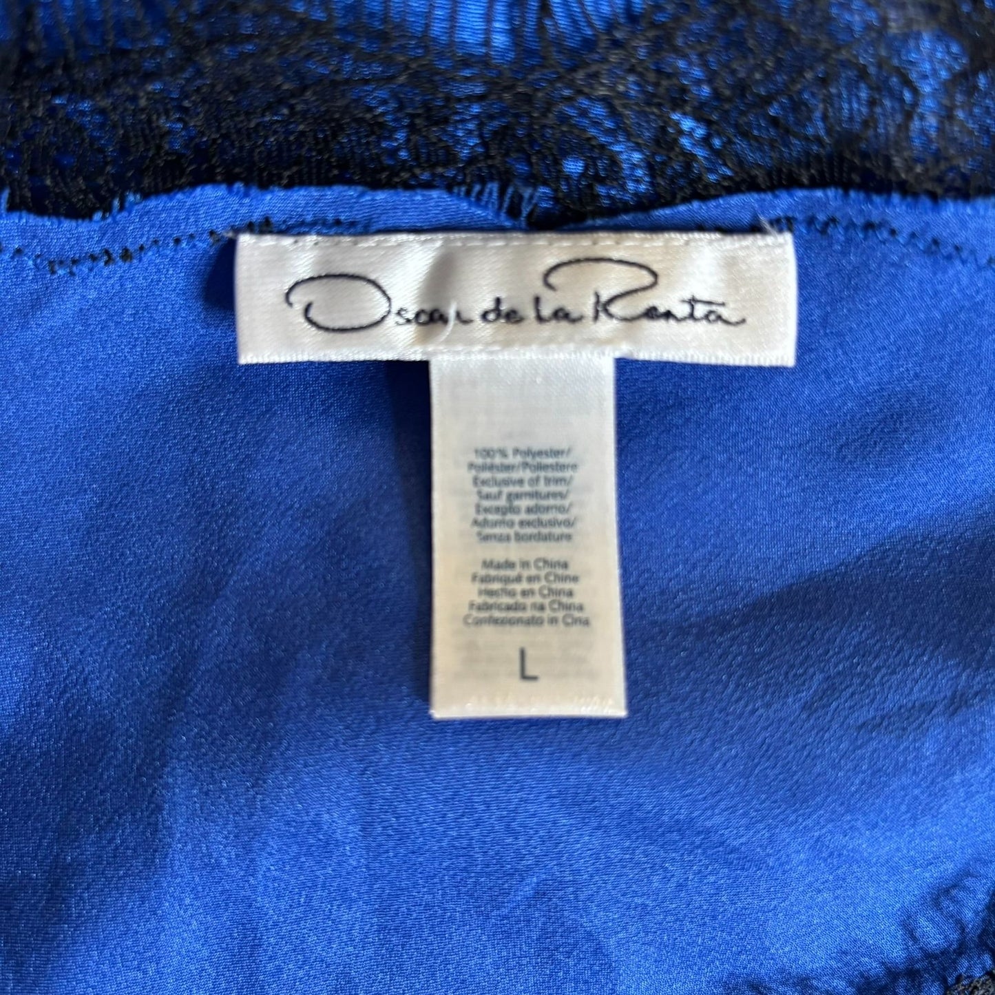 Oscar De La Renta Satin Nightgown Large Blue Lace Trim V Neck Short Sleeves